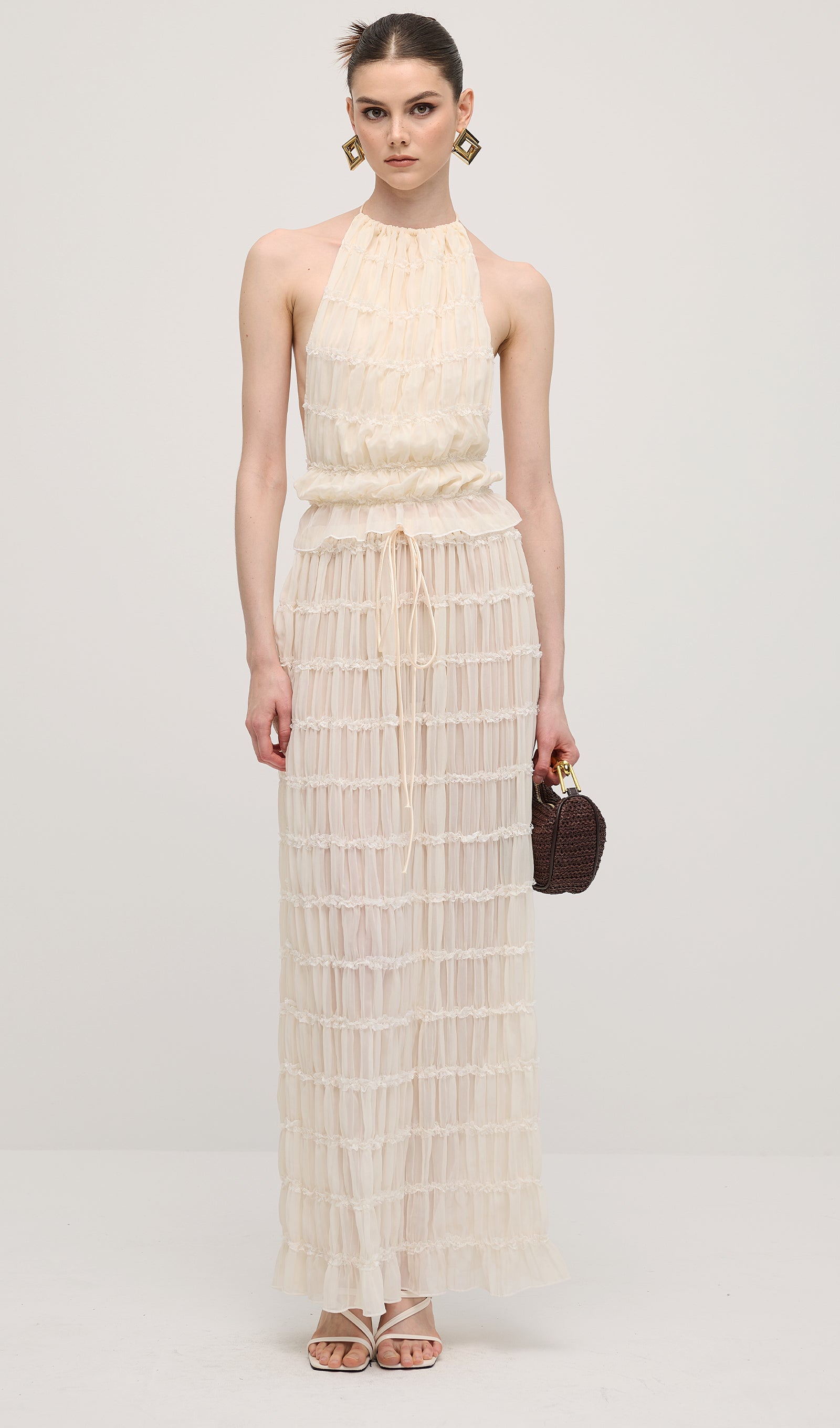 Halter Top & Ruched Detail Maxi Skirt Sets In White