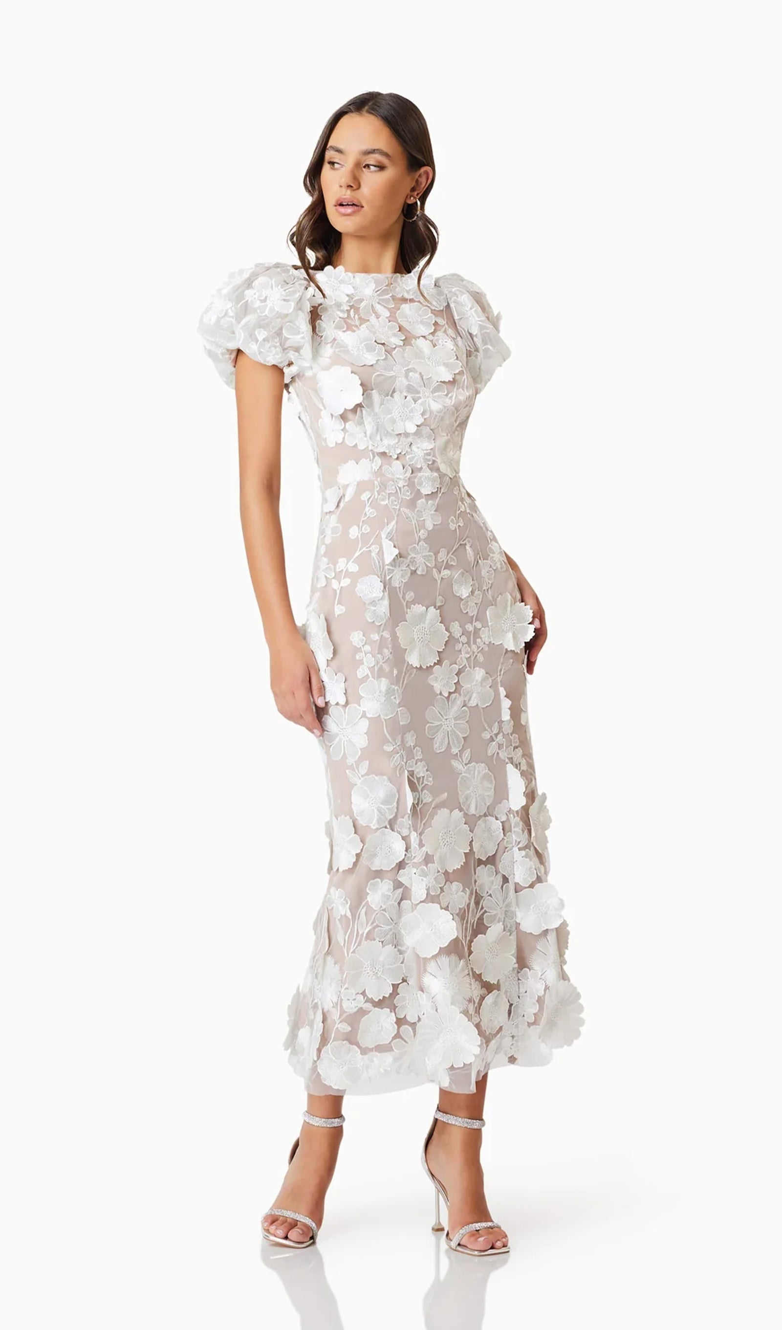 Floral 3D Lace Midi Dress In White