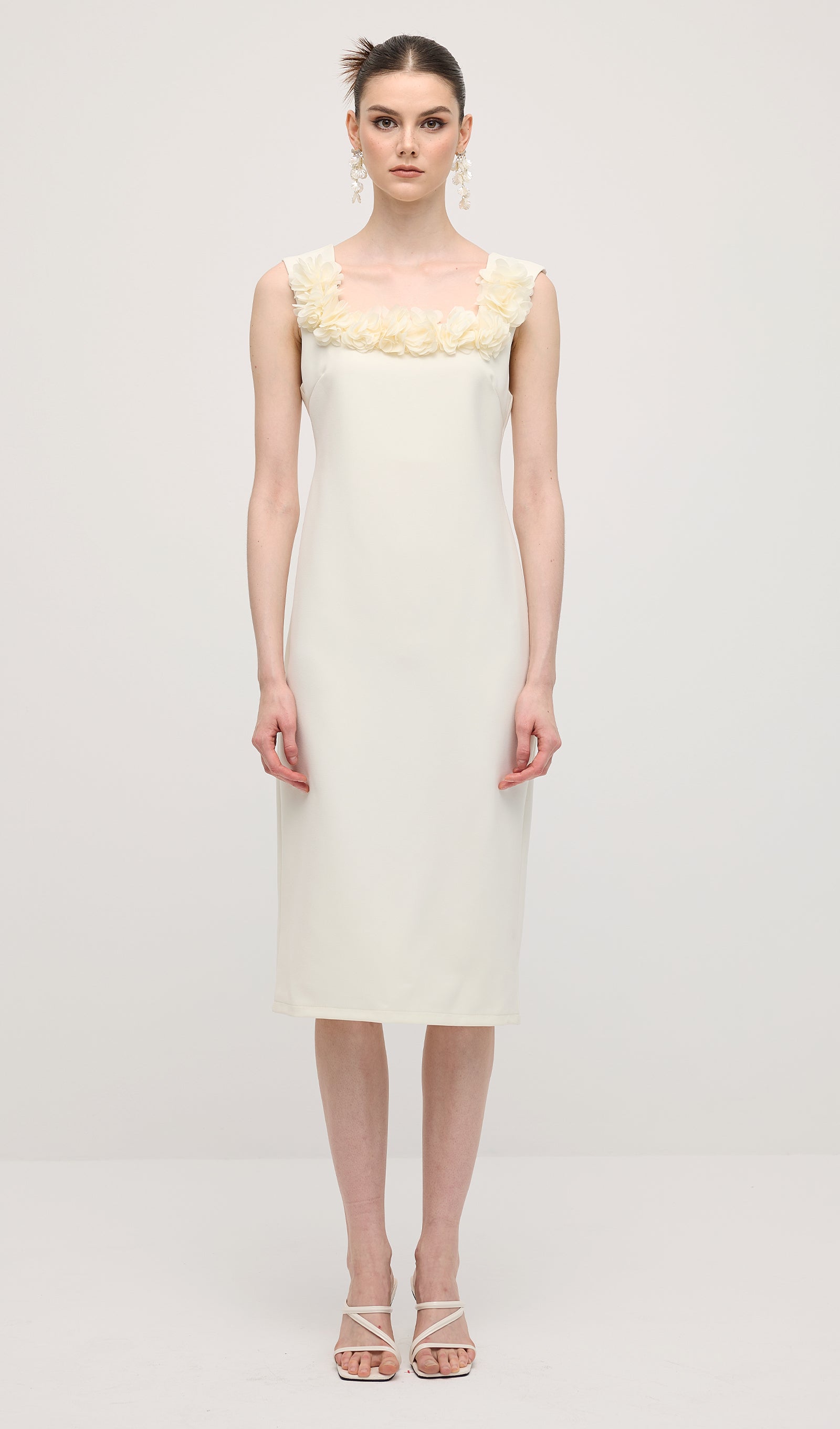 Square Neck 3D Petal Appliques Midi Dress