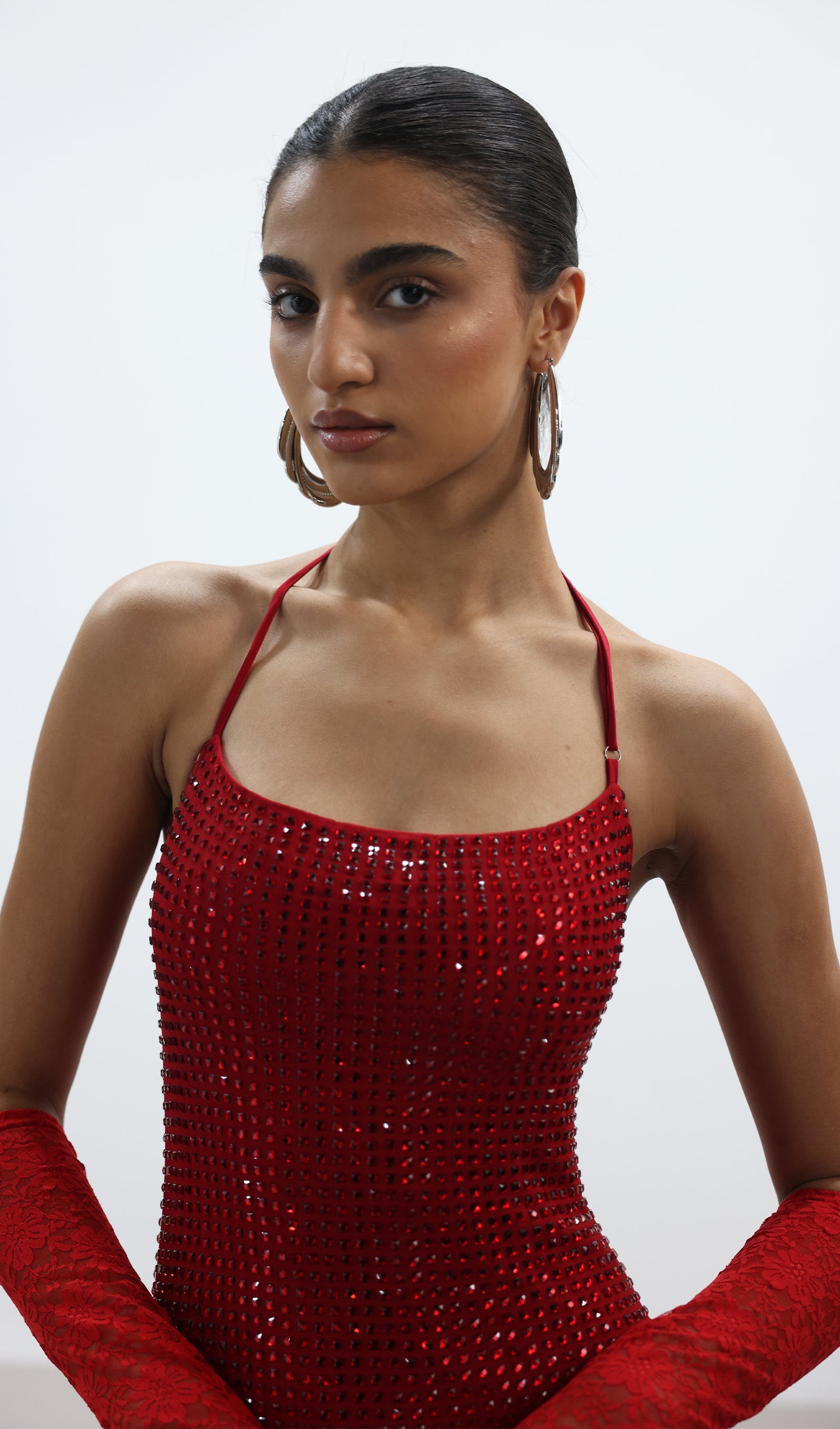 Halterneck Embellished Mini Dress In Red