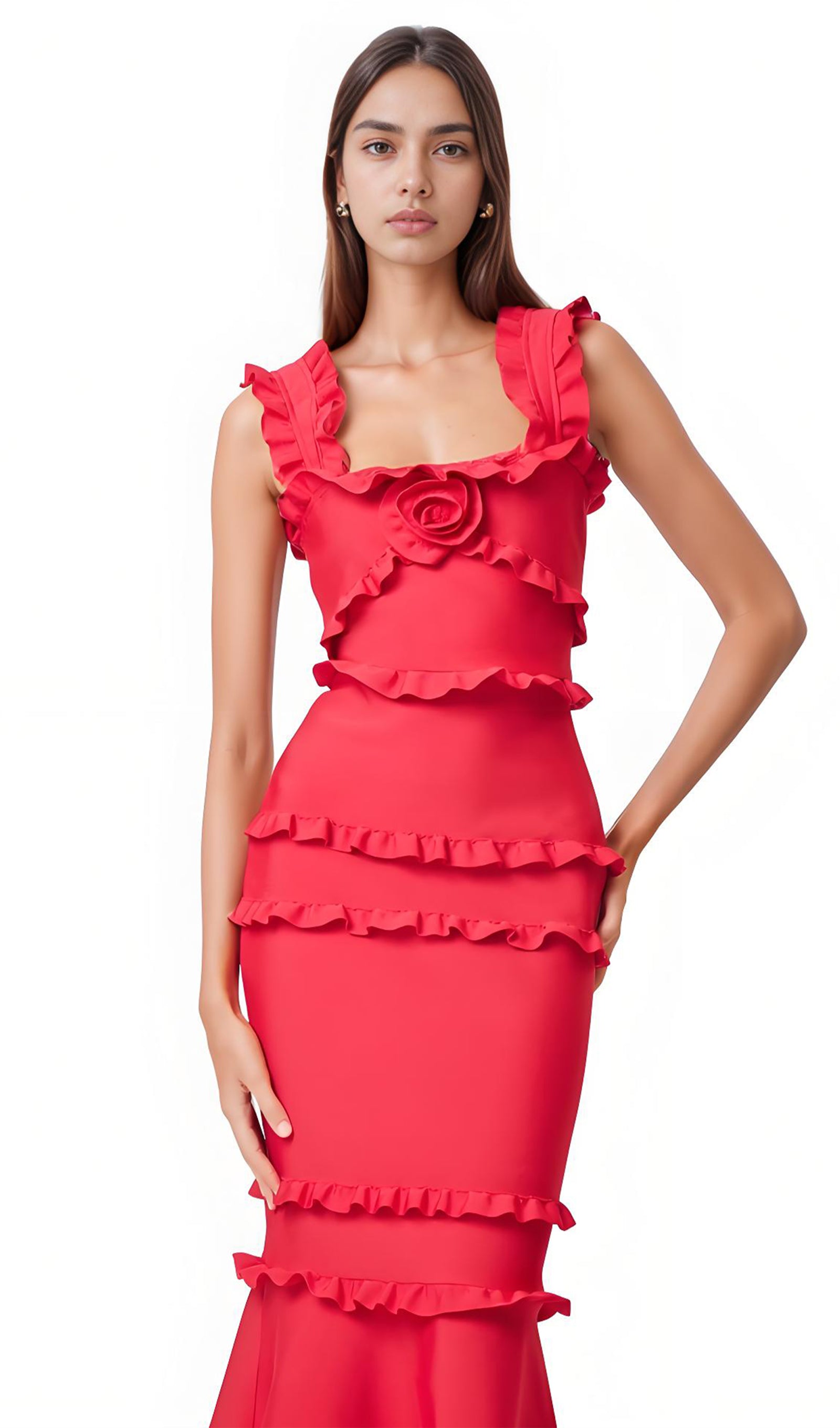 Sleeveless Frill Maxi Dress In Red