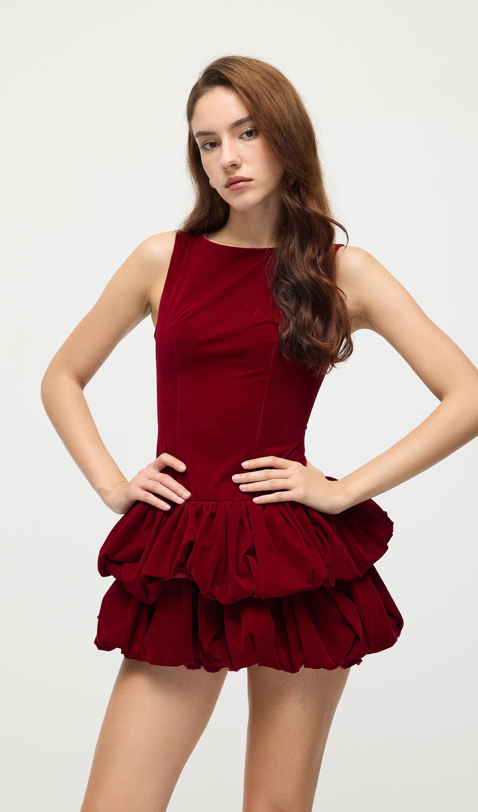 Velvet Tiered Mini Dress In Red