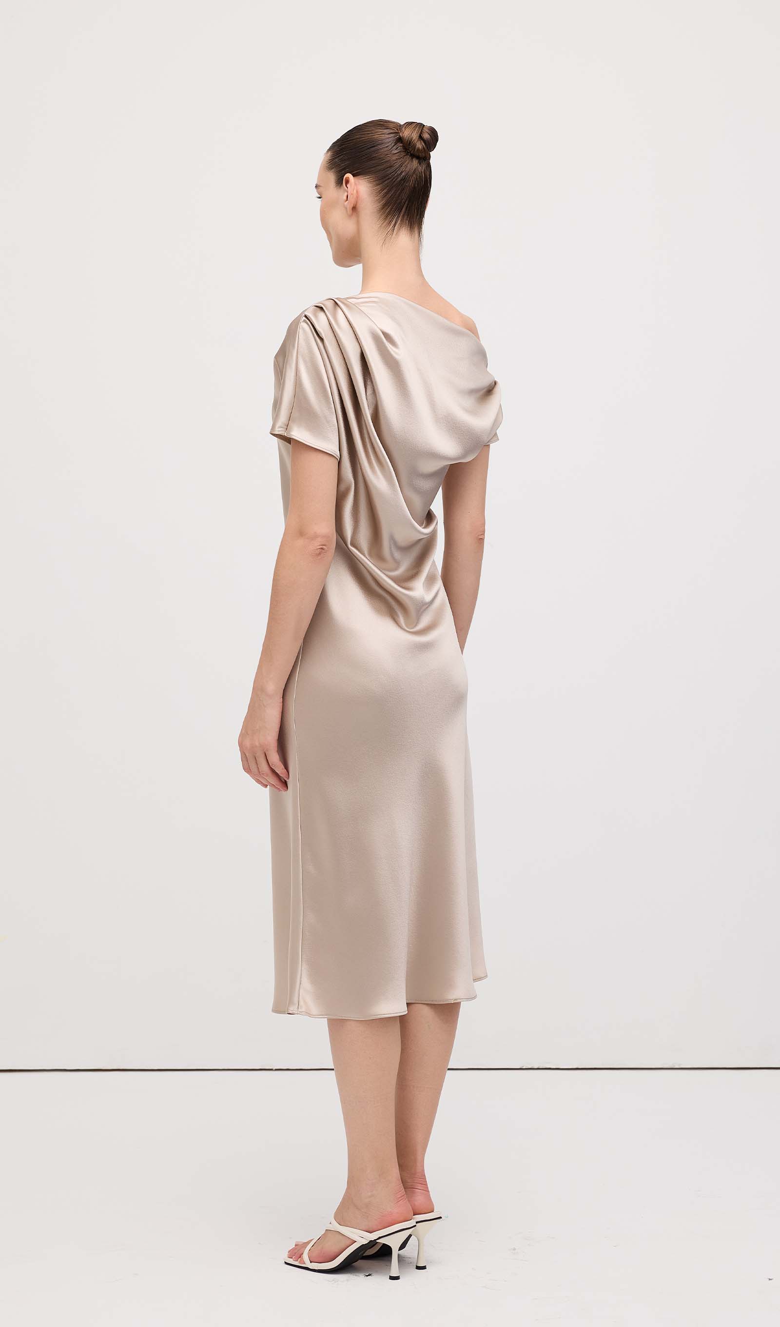 Asymmetric Satin Draped Midi Dress