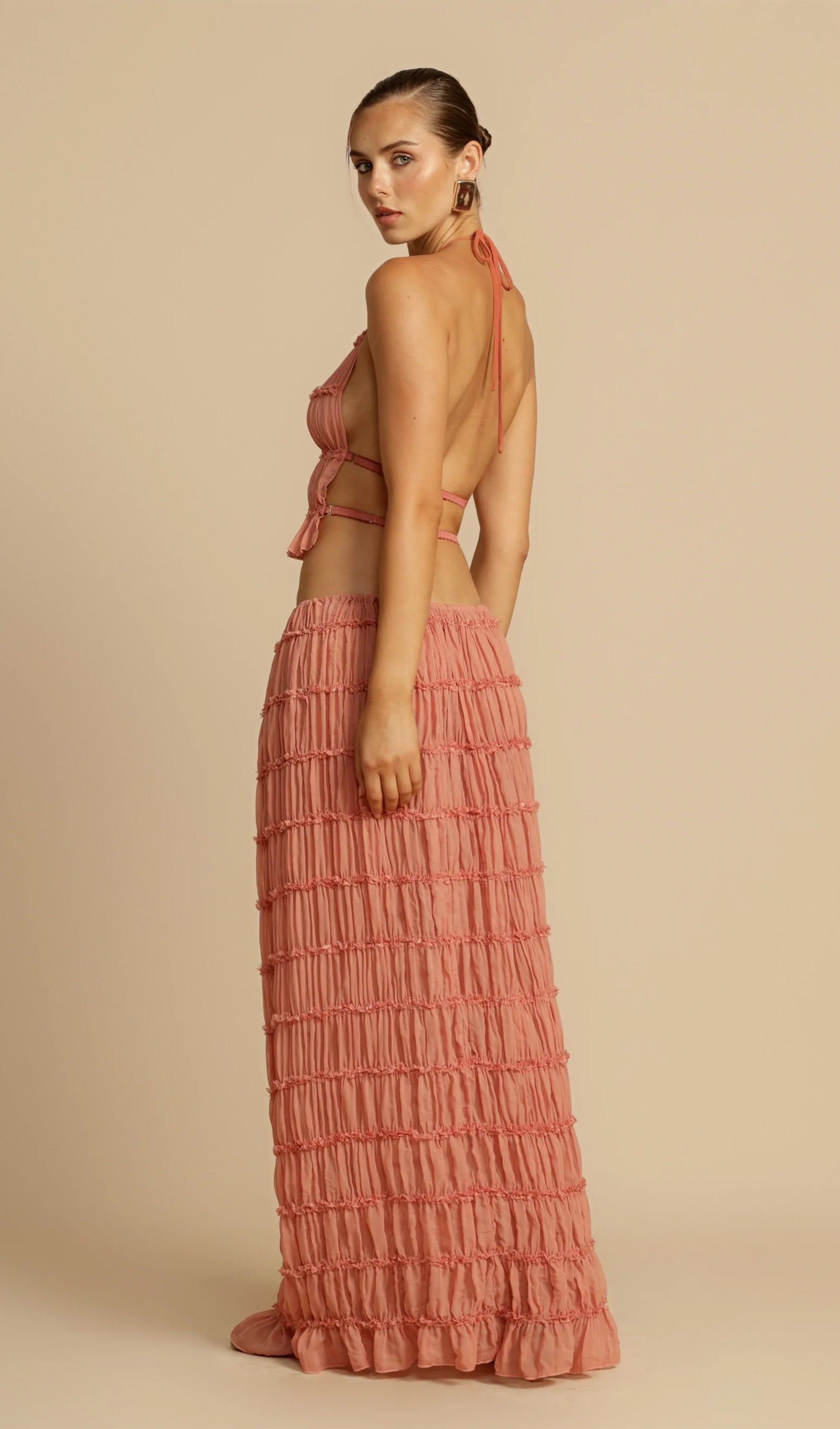 Halter Top & Ruched Detail Maxi Skirt Sets