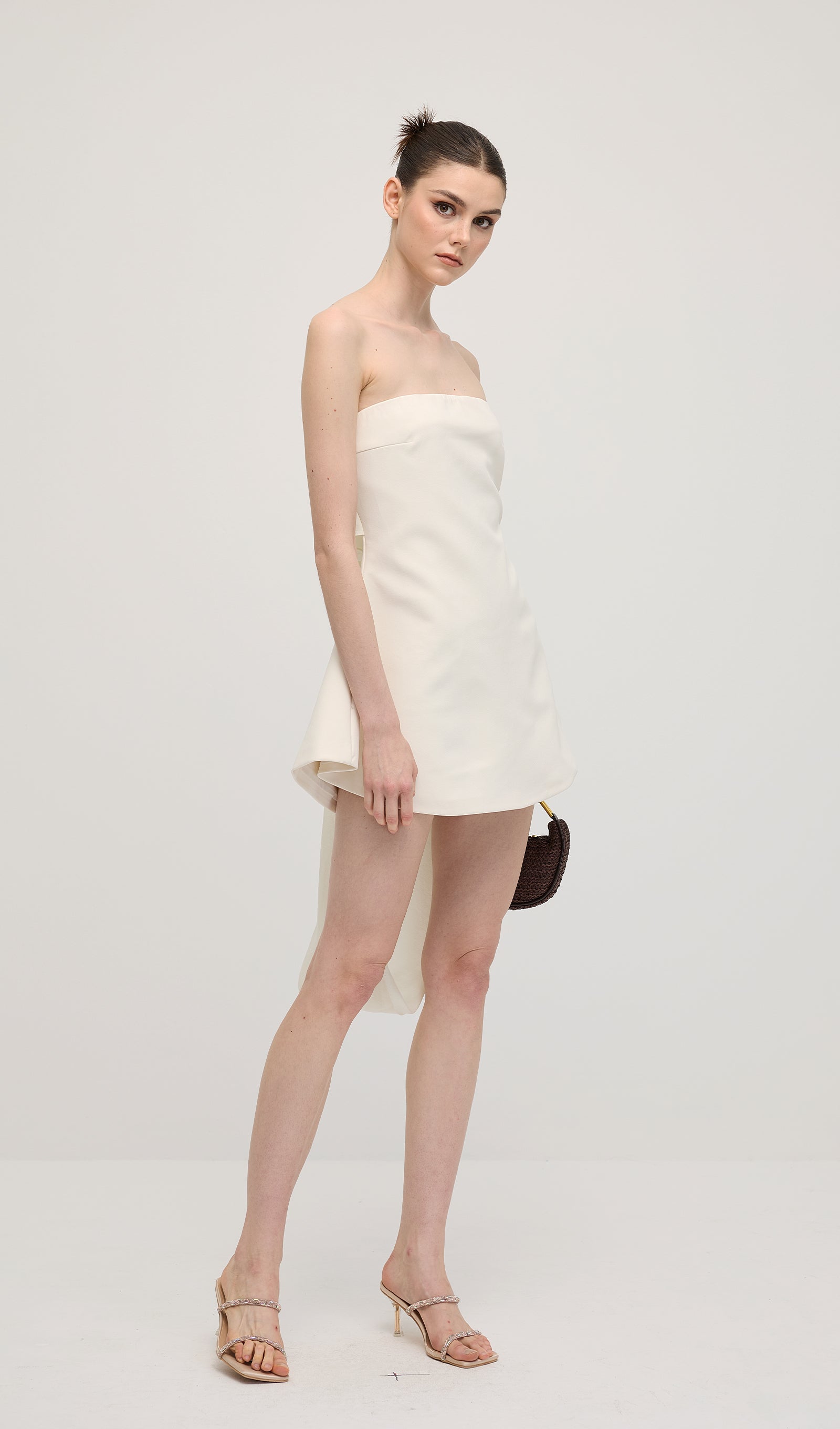 Off Shoulder Ribbon Mini Dress In White