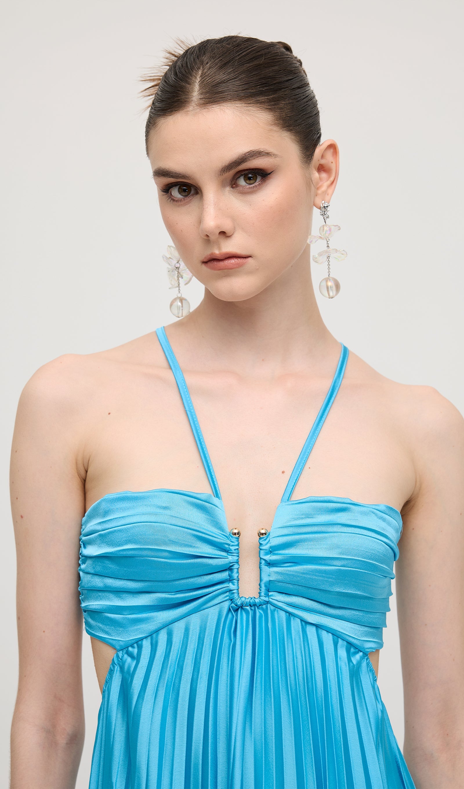 Solid Cut Out Tie Back Plisse Maxi Dress In Blue