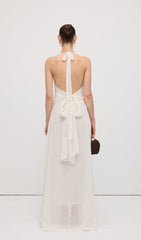 Halter Ruffles Rose Decoration Maxi Dress White