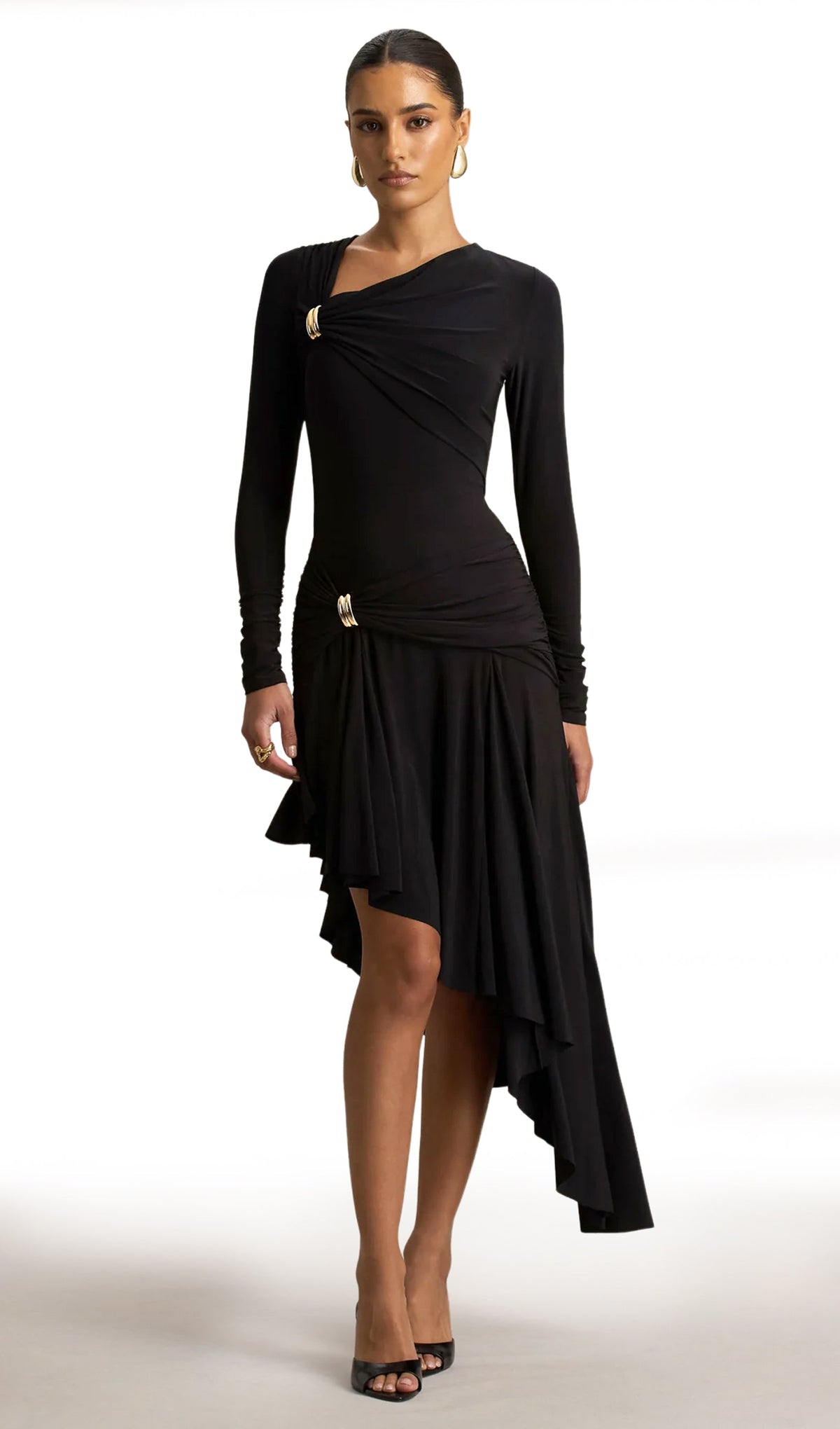 Asymmetric-Neck Midi Dress With Embellishment In Black