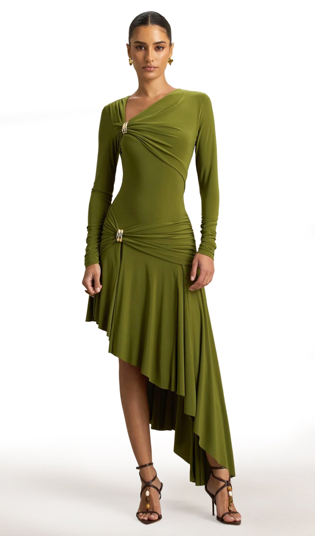 Asymmetric-Neck Midi Dress With Embellishment In Green