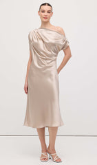 Asymmetric Satin Draped Midi Dress
