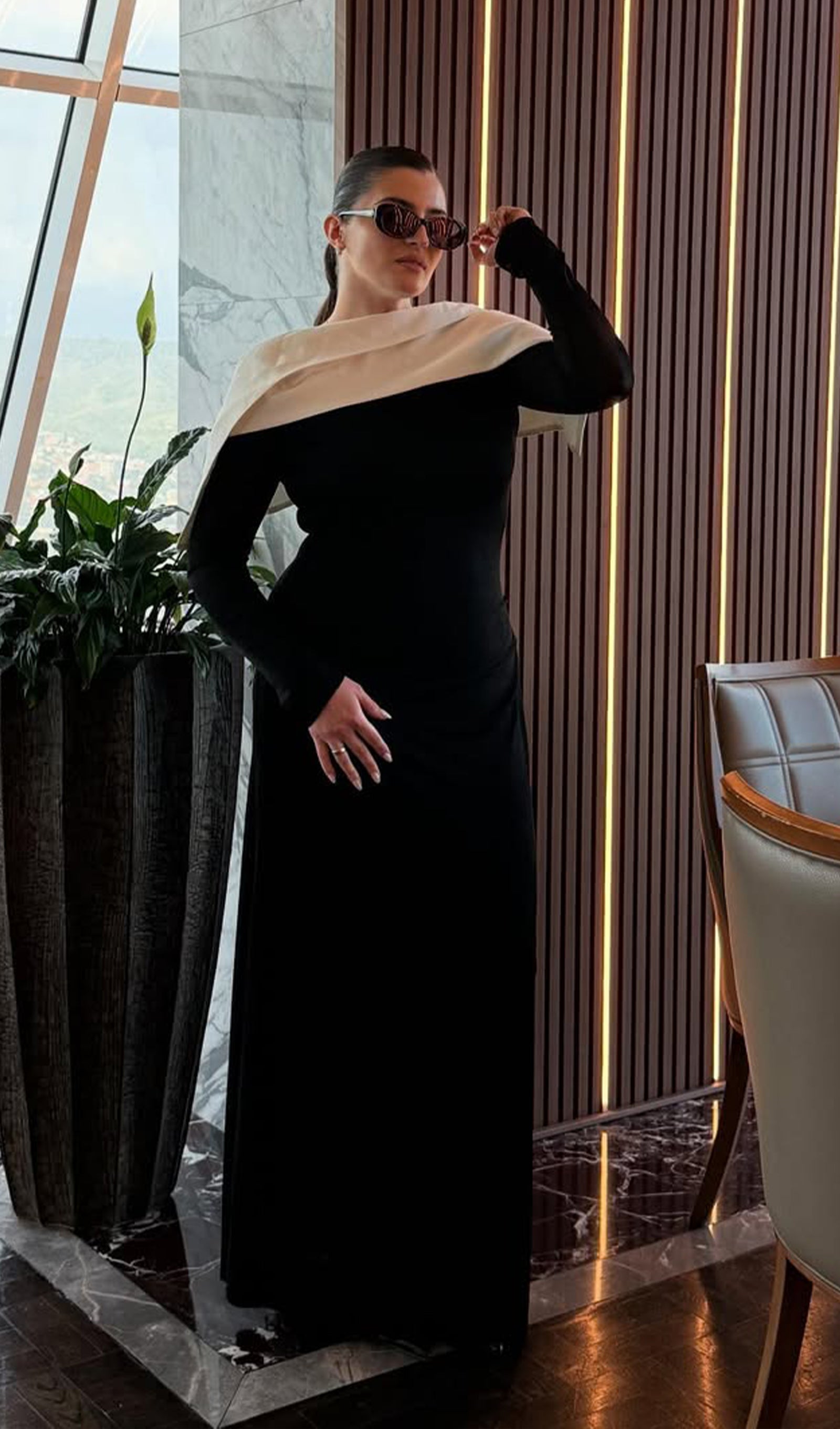 Asymmetrical Draped Shoulder Pleat Maxi Dress In Black