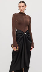 Asymmetrical Pleat Maxi Dress Brown