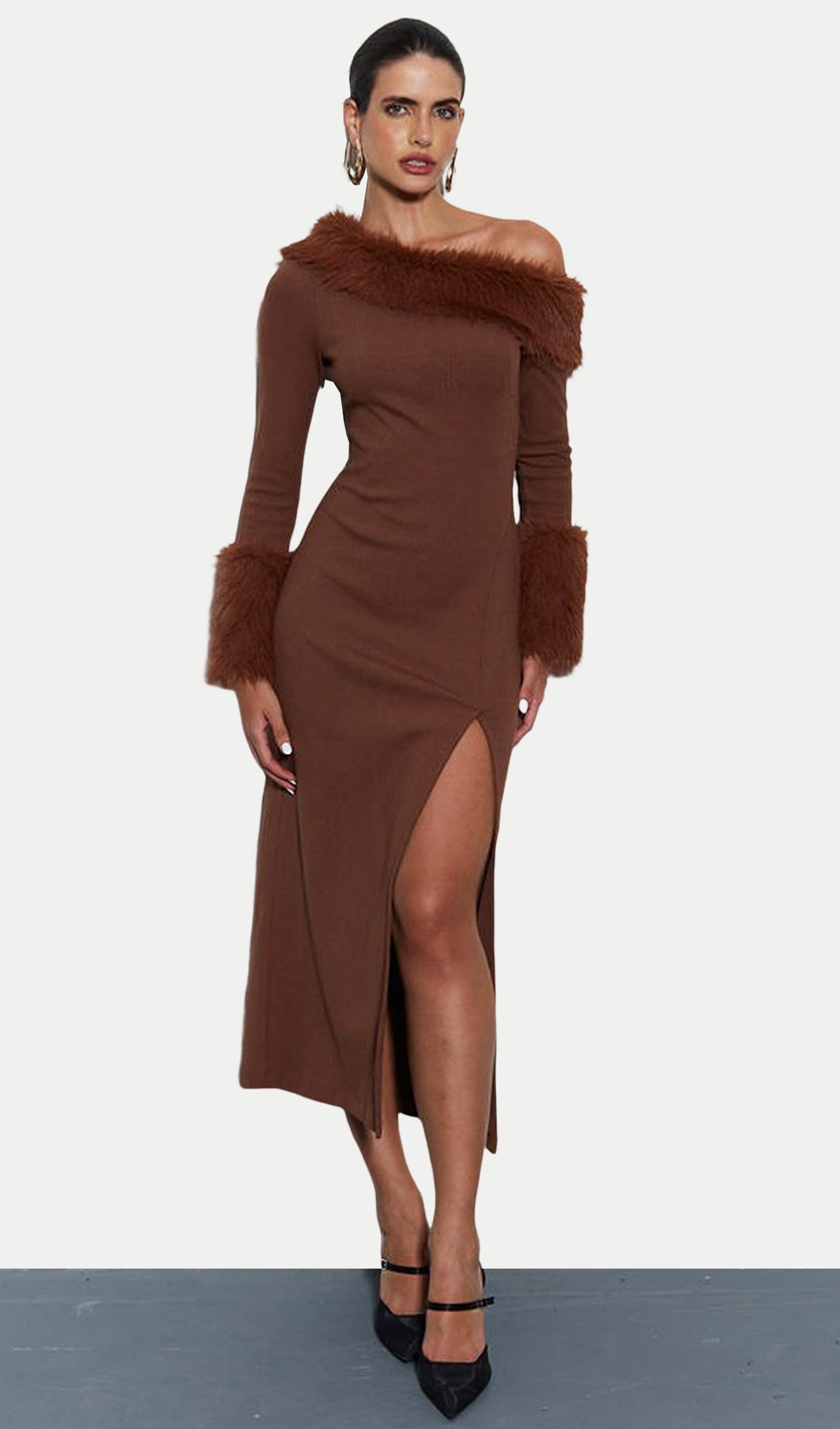 Asymmetrical Slit Fur-Trimmed Midi Dress