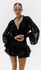 Solid Lantern Sleeve Mini Dress Black