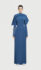 Asymmetrical Draped Shoulder Pleat Maxi Dress In Blue