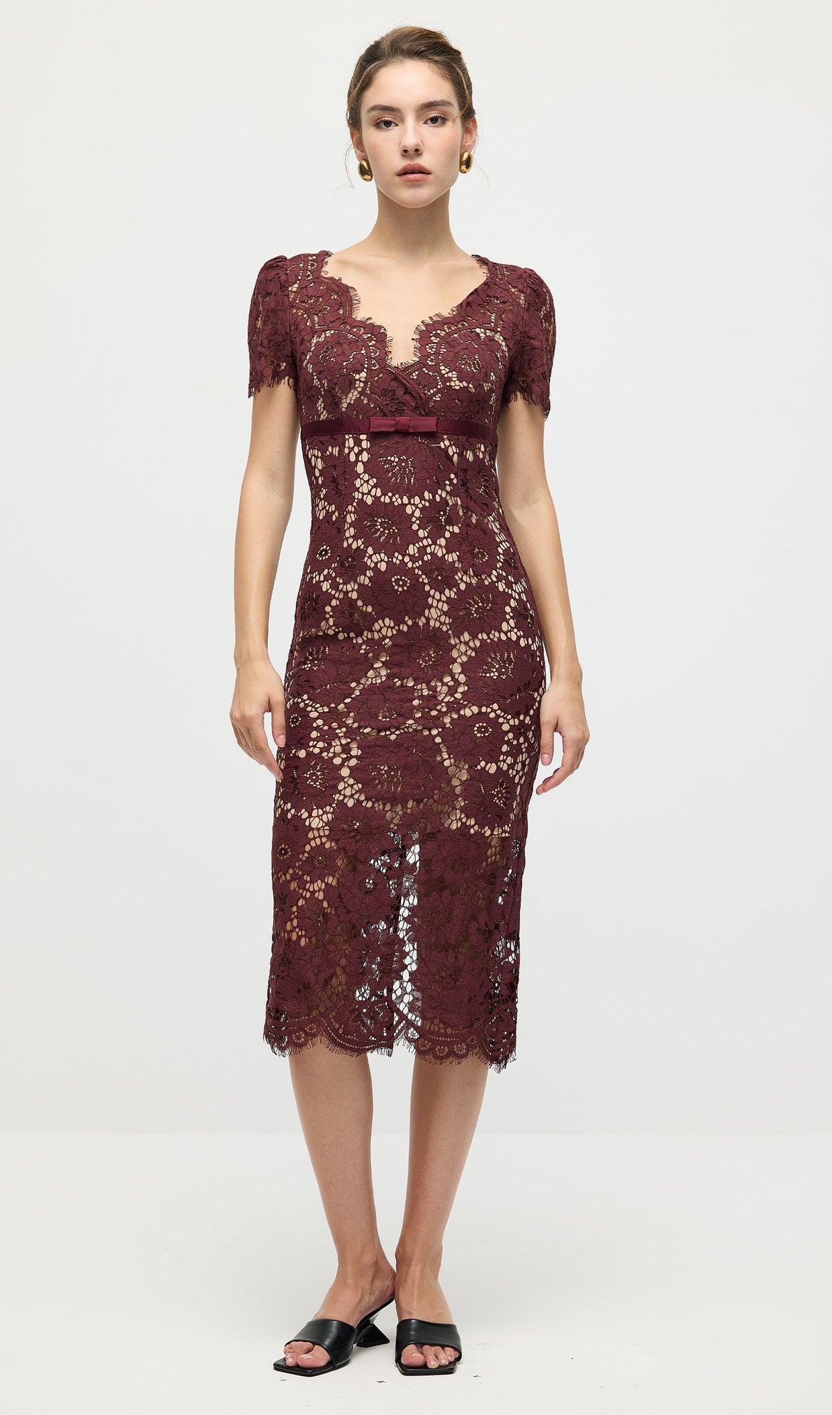 Burgundy Floral Lace Midi Dress