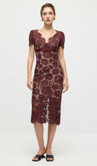 Burgundy Floral Lace Midi Dress