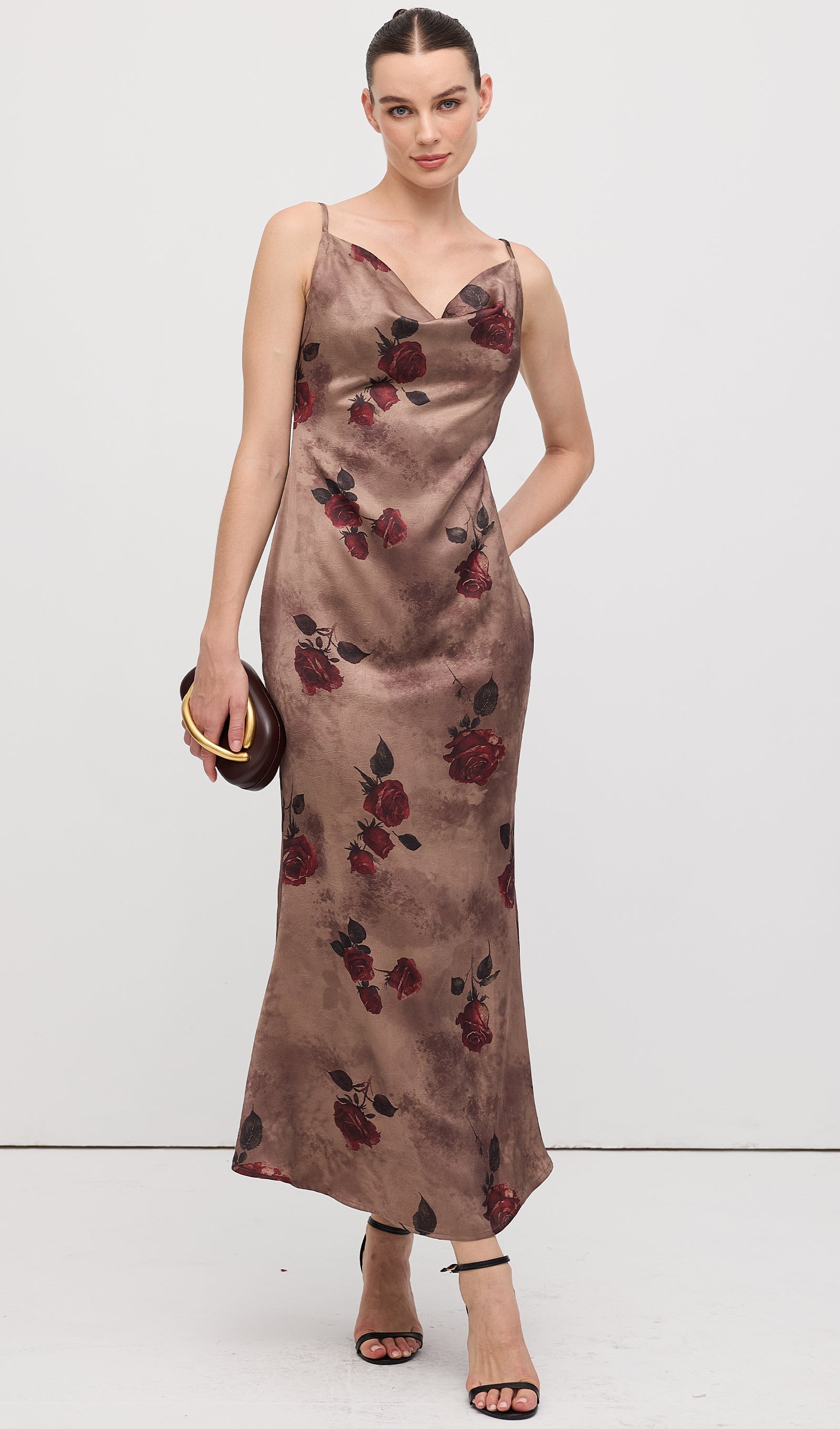 Cowl Neck Rose Print Sleeveless Midi Dress
