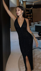 Diamante Ruched Midi Dress In Black