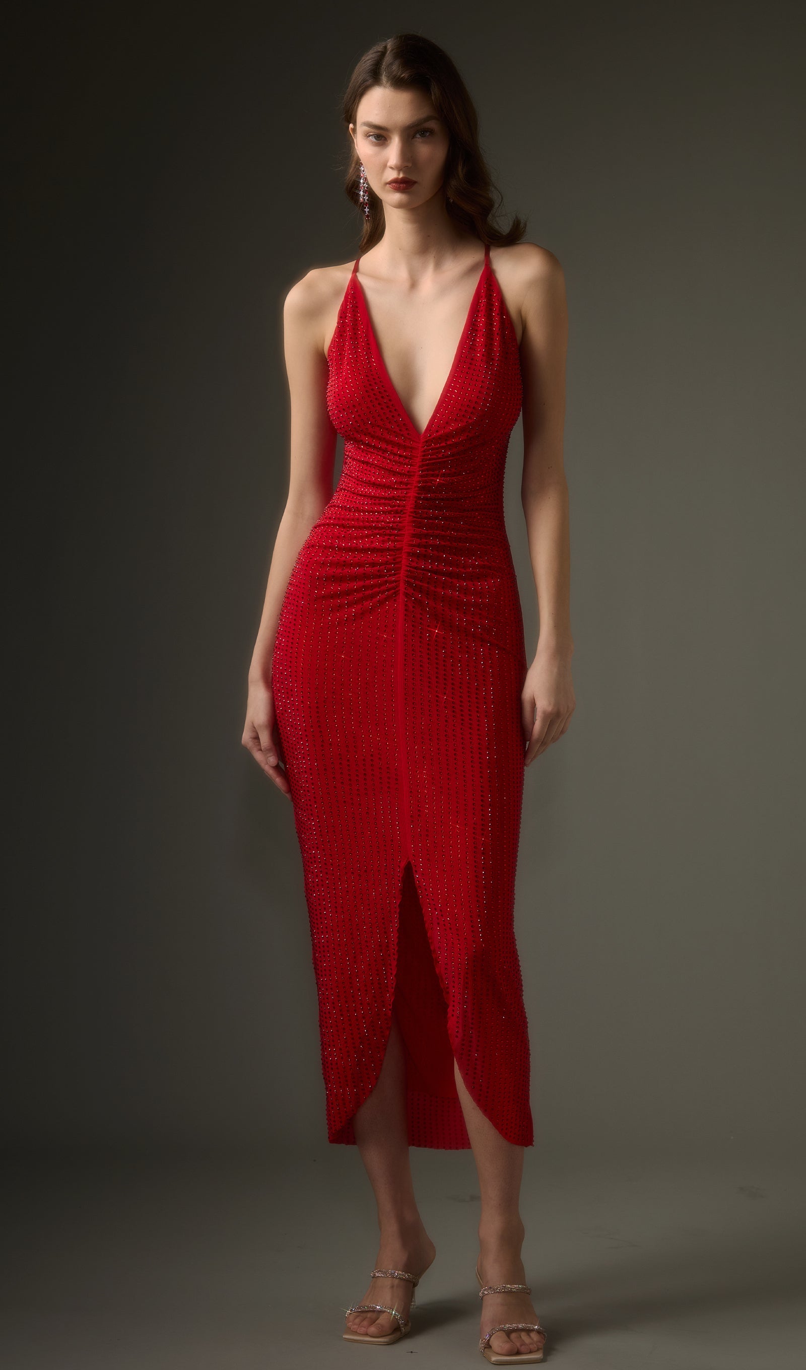 Diamante Ruched Midi Dress In Red