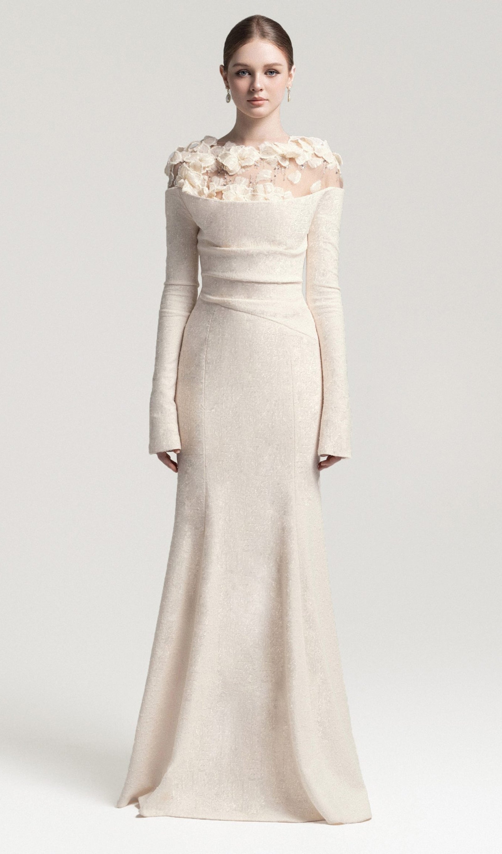 Draped Crystal Midi Dress In Cream