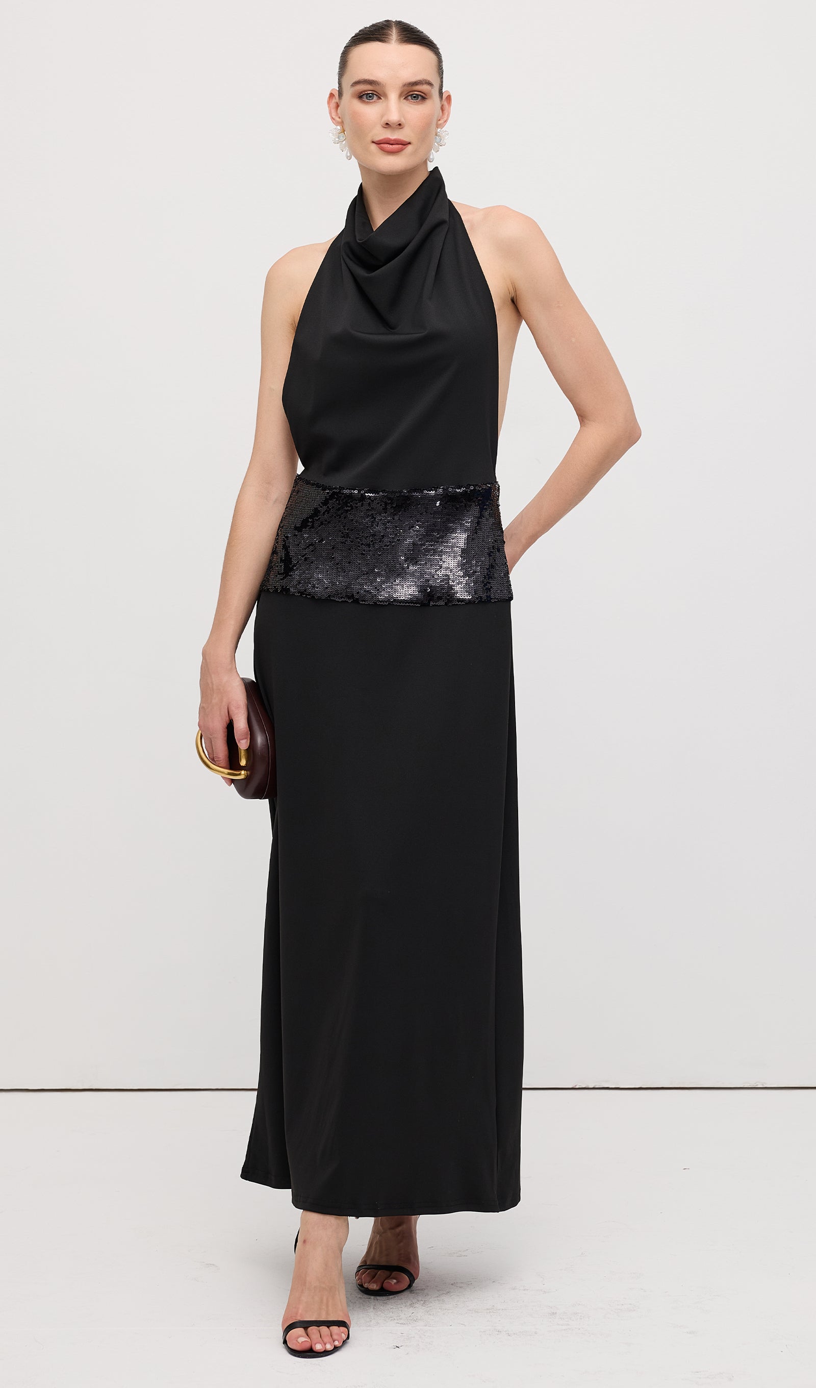 Draped Cowl Neck Open Back Maxi Dress