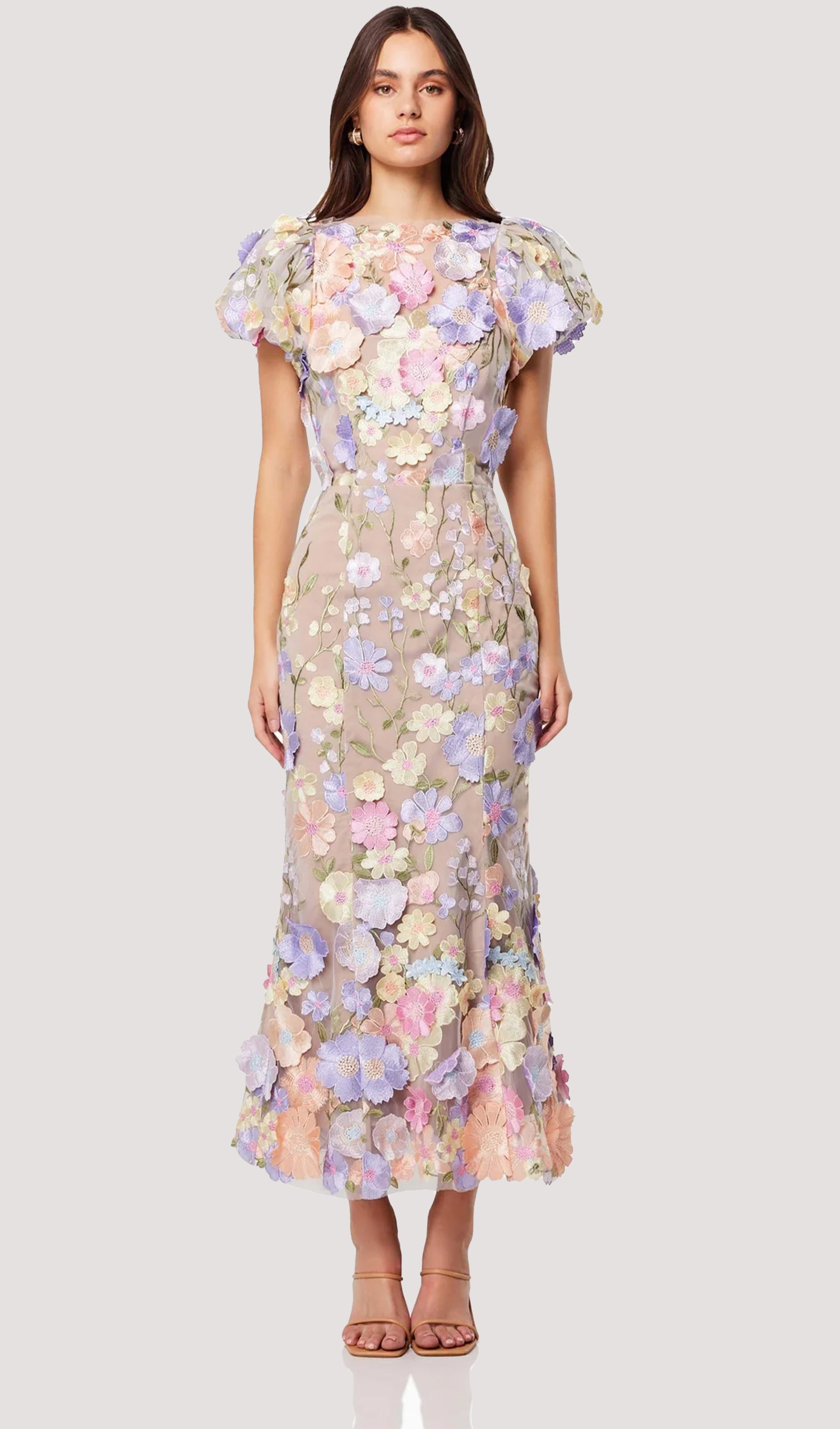 Floral 3D Lace Midi Dress In Purple