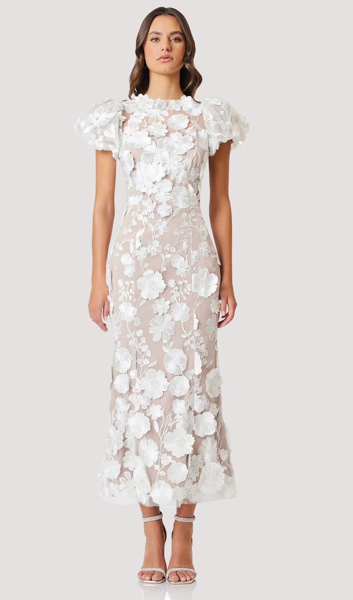 Floral 3D Lace Midi Dress In White