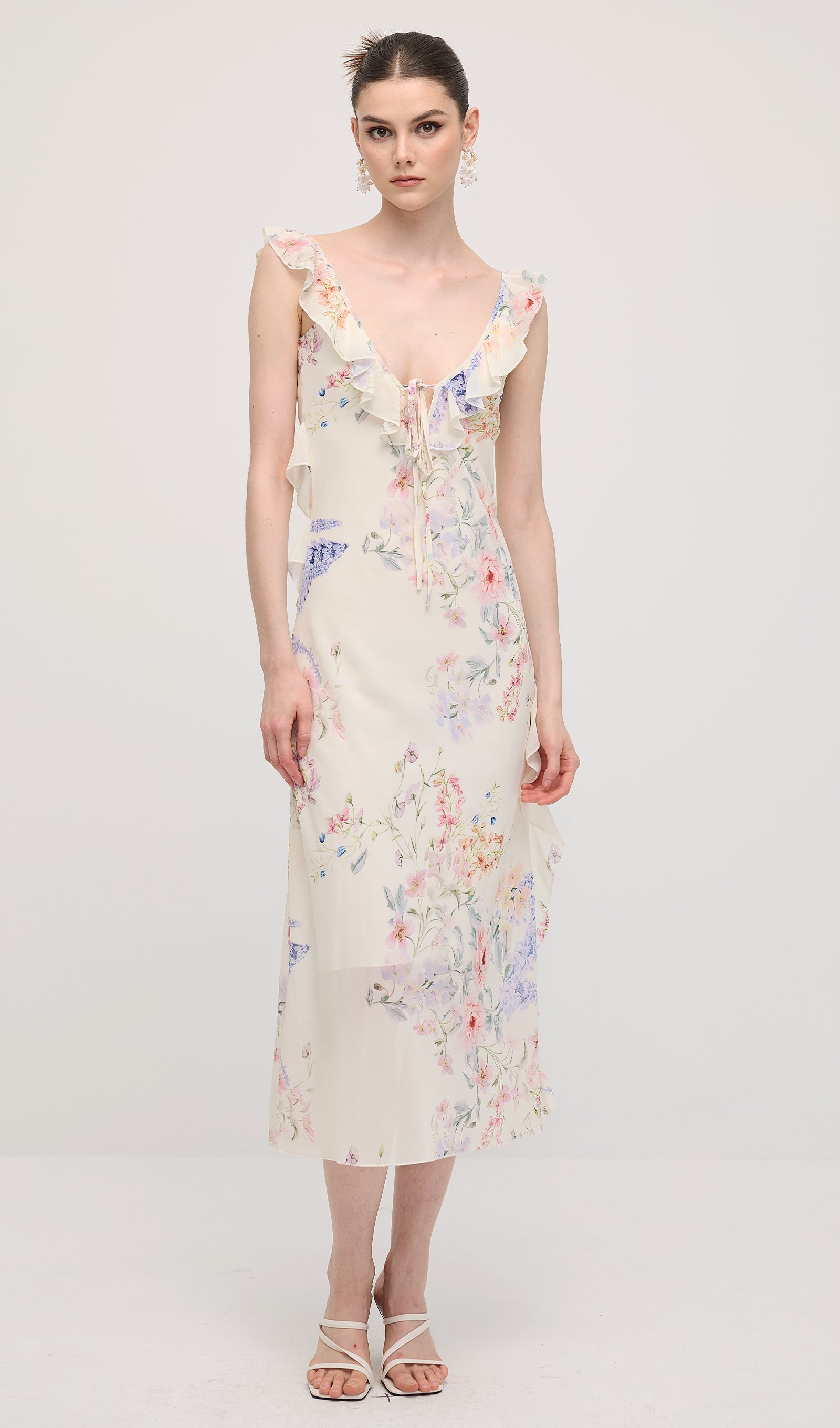 Floral V Neck Ruffled Midi Dress