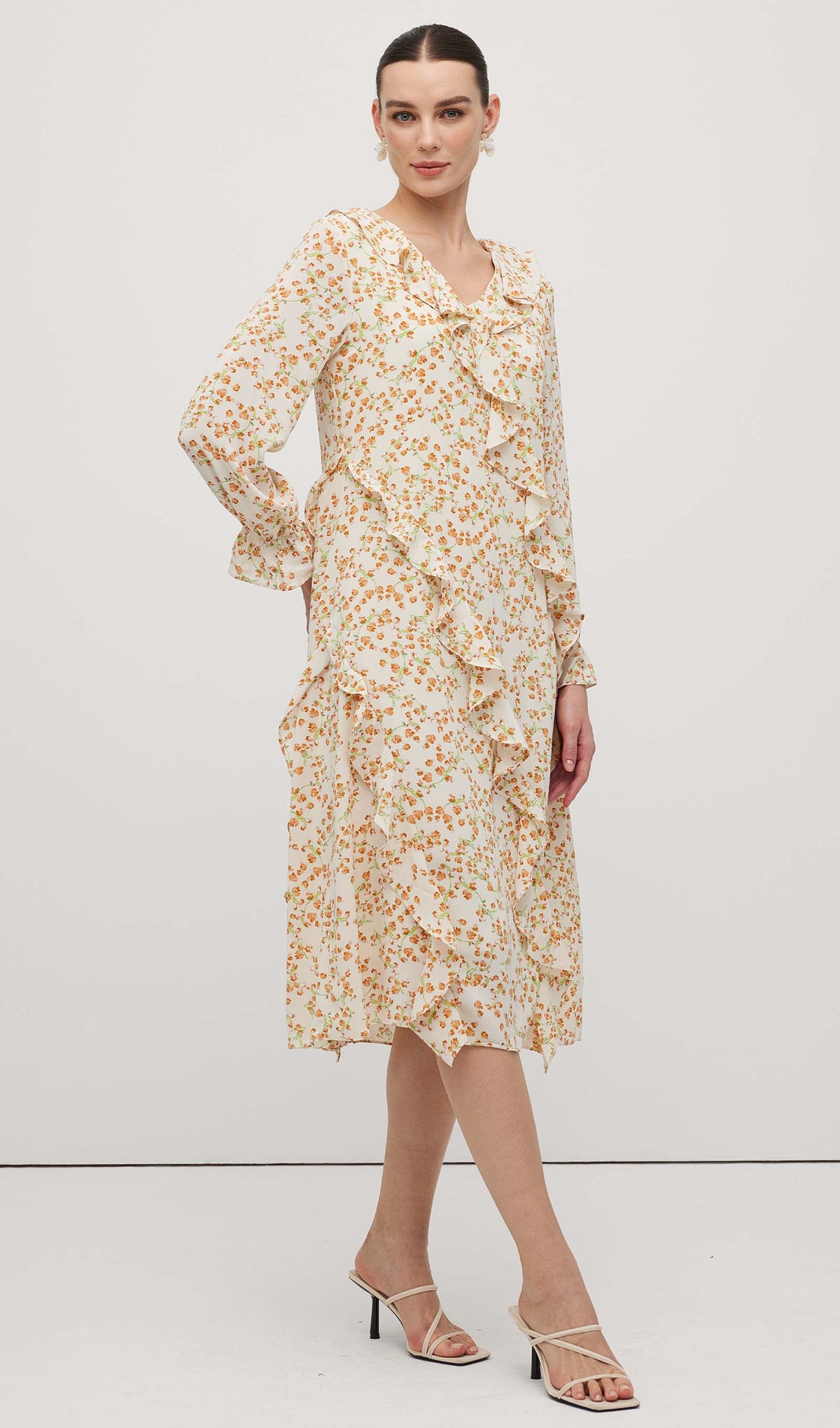 Floral V Neck Ruffled Midi Dress