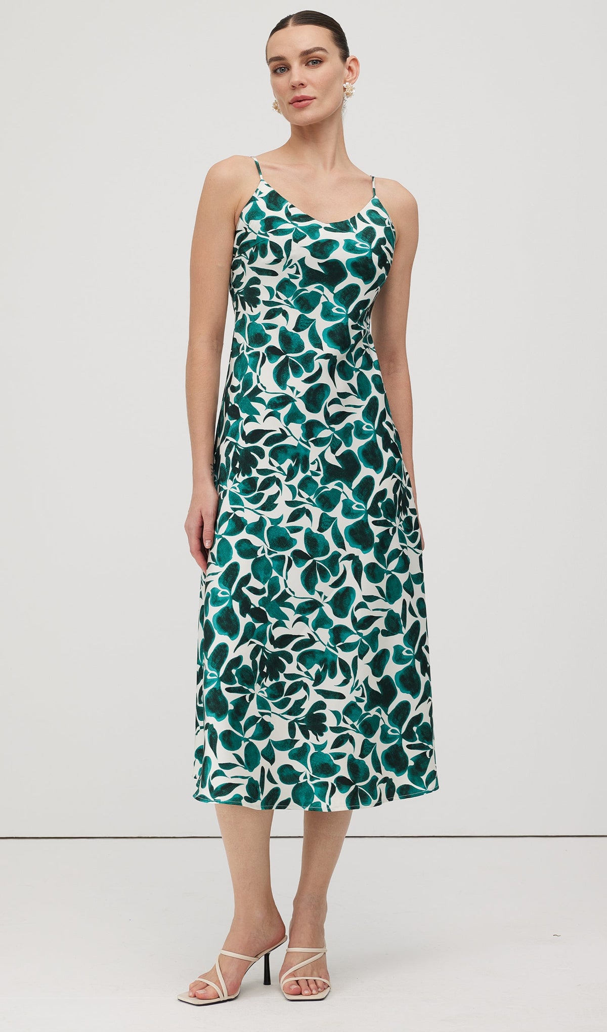 Green Leaf Print Midi Dress