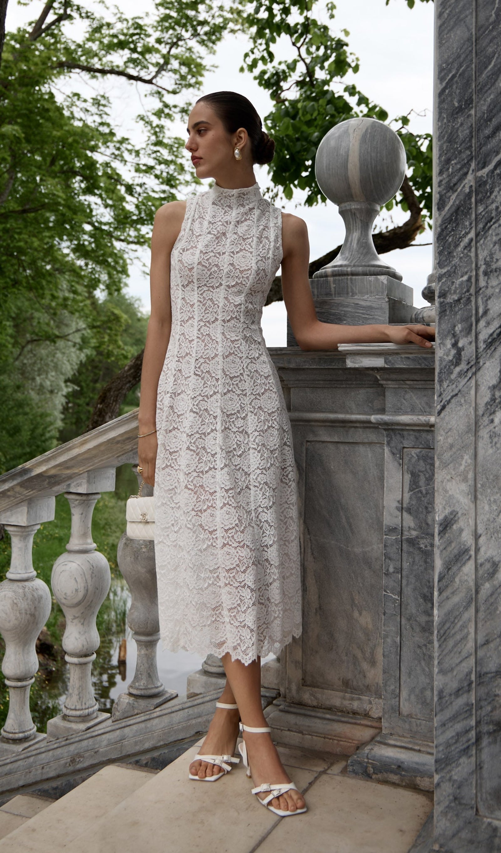 Guipure Midi Dress With High Collar