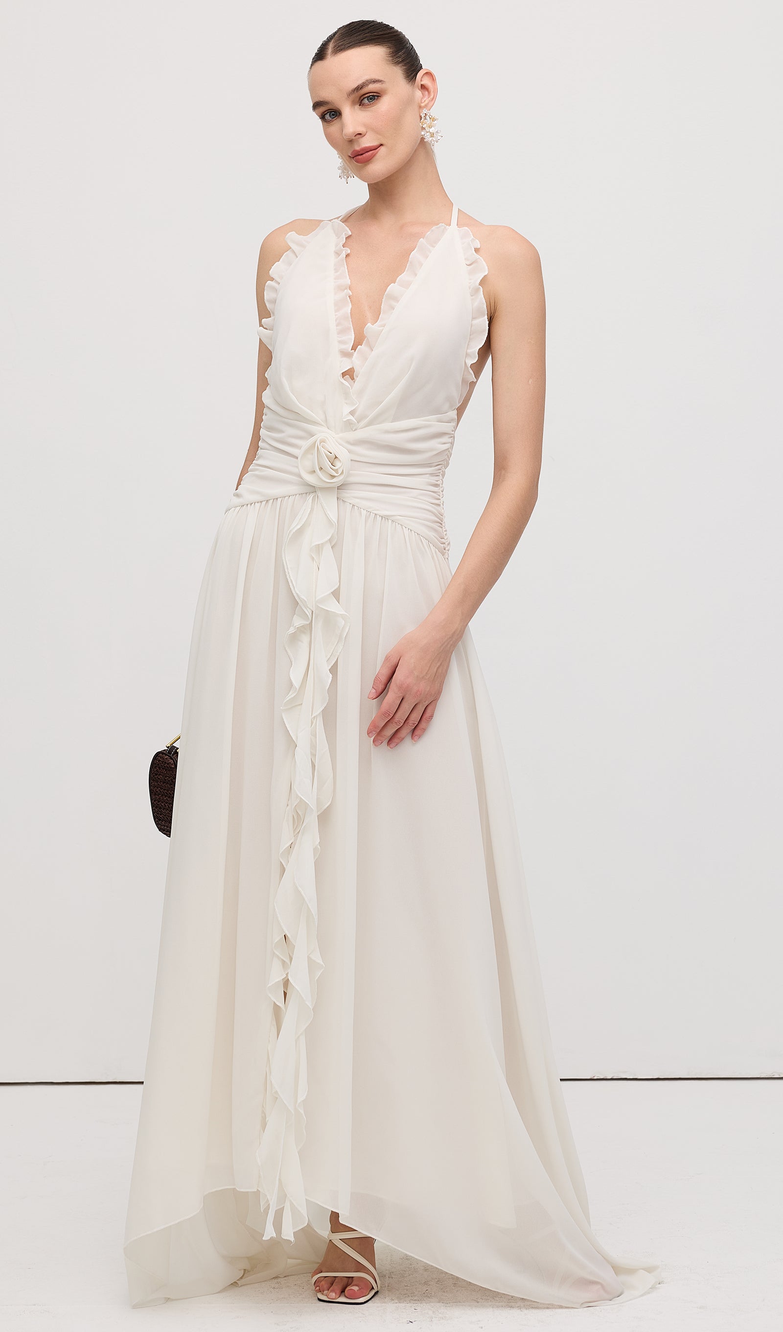 Halter Ruffles Rose Decoration Maxi Dress White