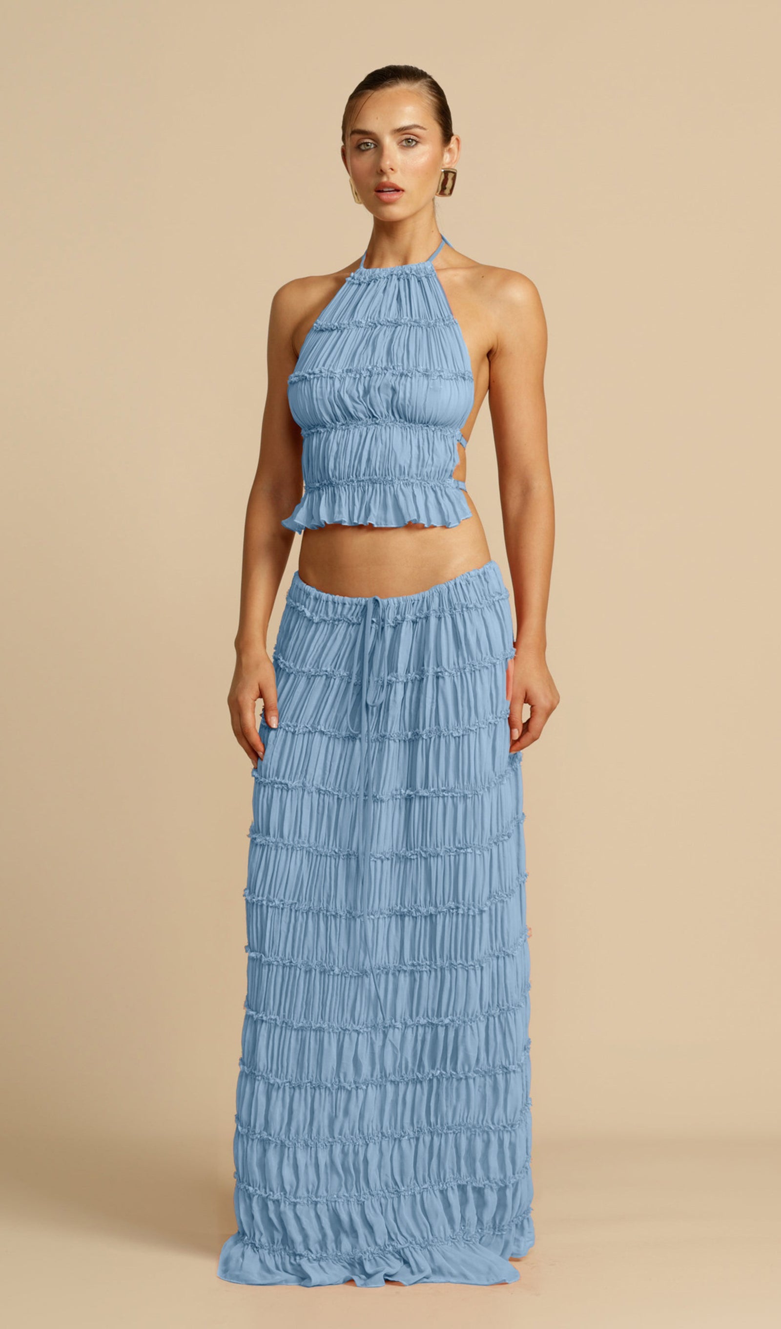 Halter Top & Ruched Detail Maxi Skirt Sets