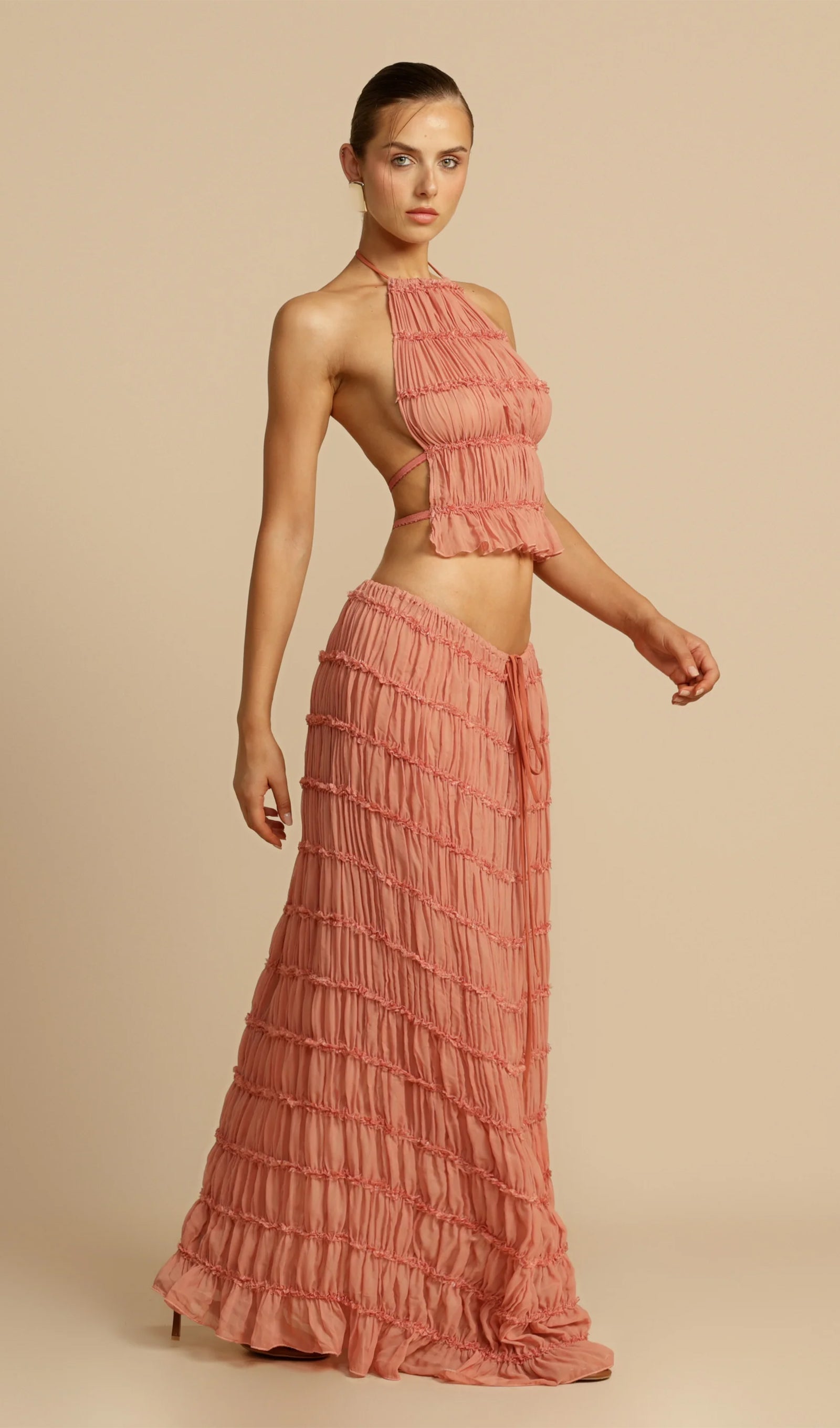 Halter Top & Ruched Detail Maxi Skirt Sets