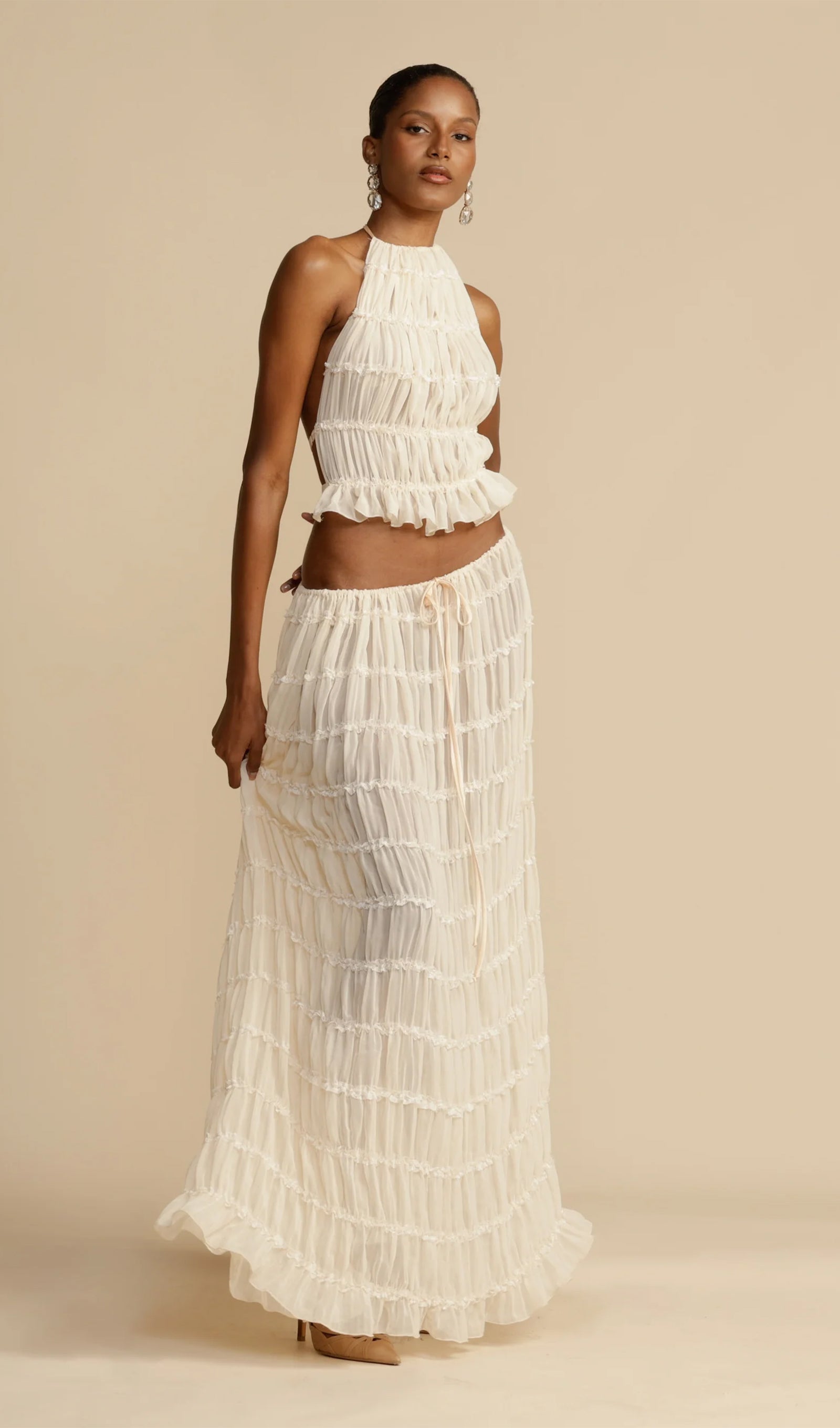 Halter Top & Ruched Detail Maxi Skirt Sets