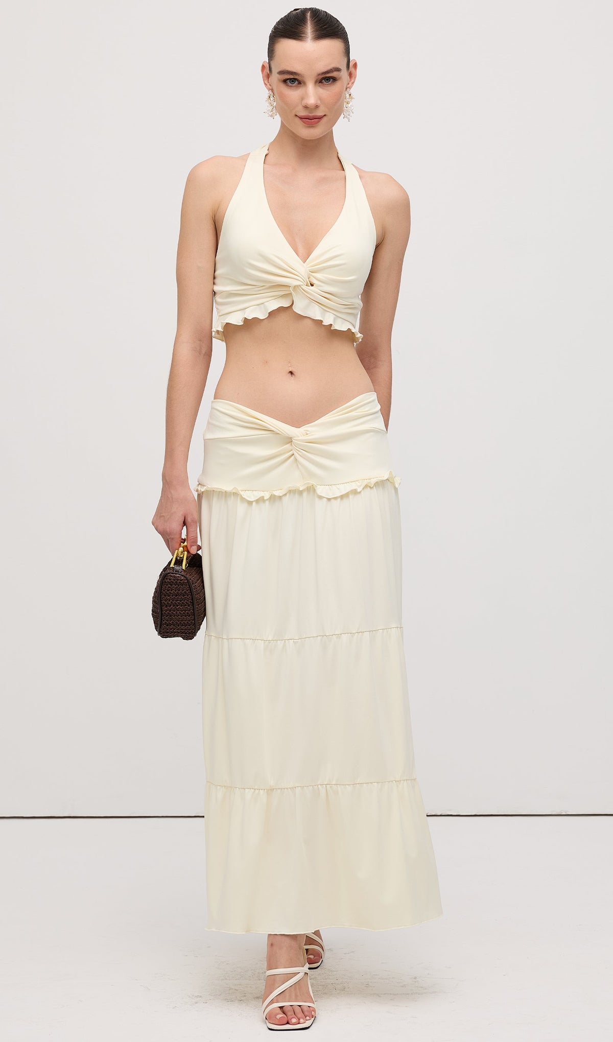 Halter Top & Twist Ruffled Maxi Skirt Sets White