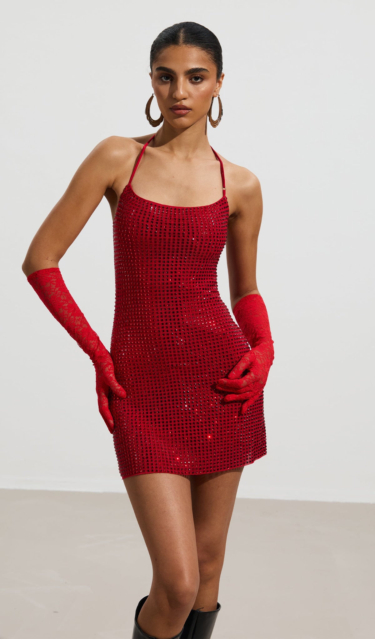 Halterneck Embellished Mini Dress In Red