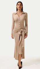 Jersey Button Lace-Up Midi Dress