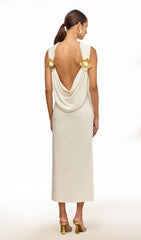 Knit Deep Cowl Back Midi Dress In White