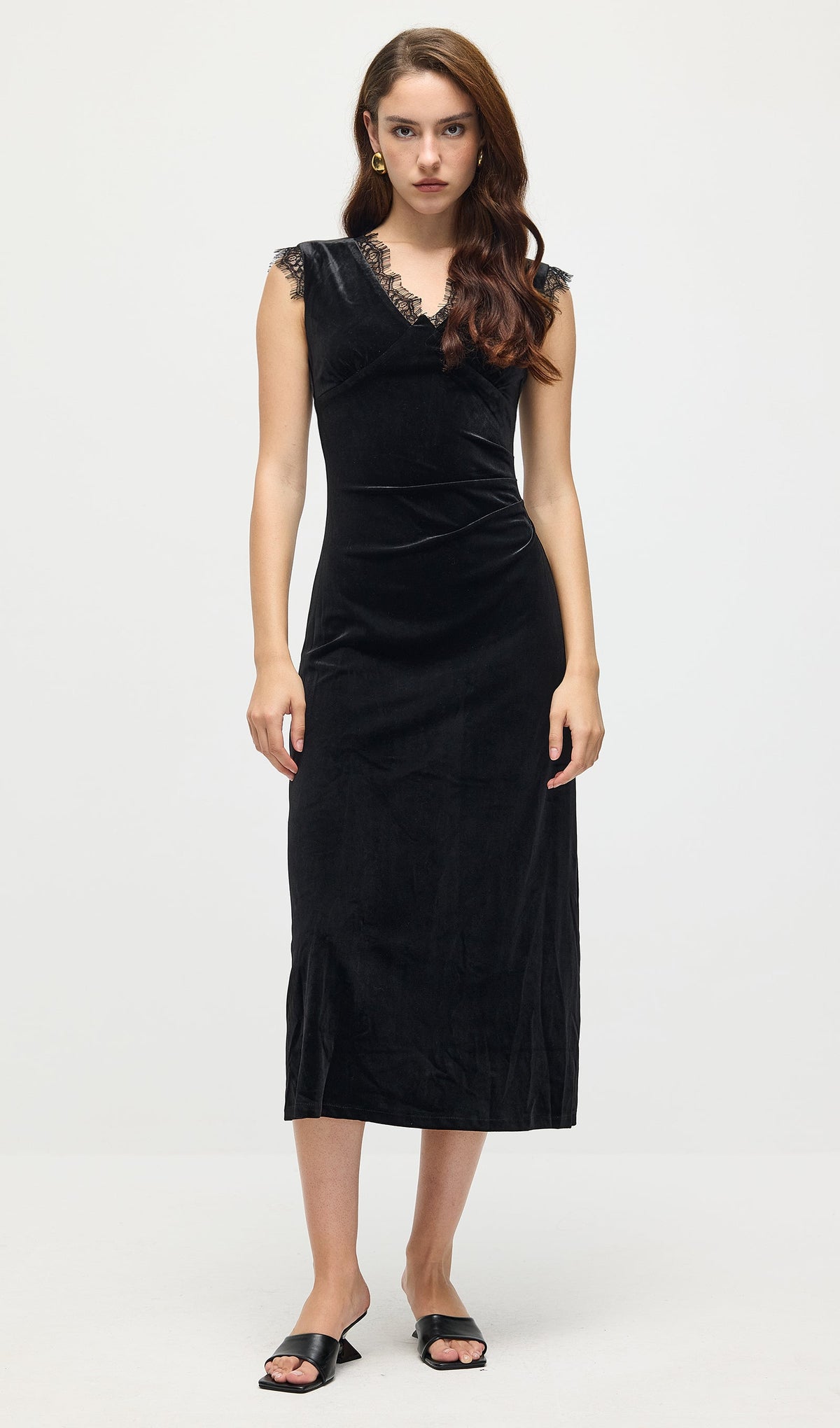 Lace Trimmed Velvet Midi Dress