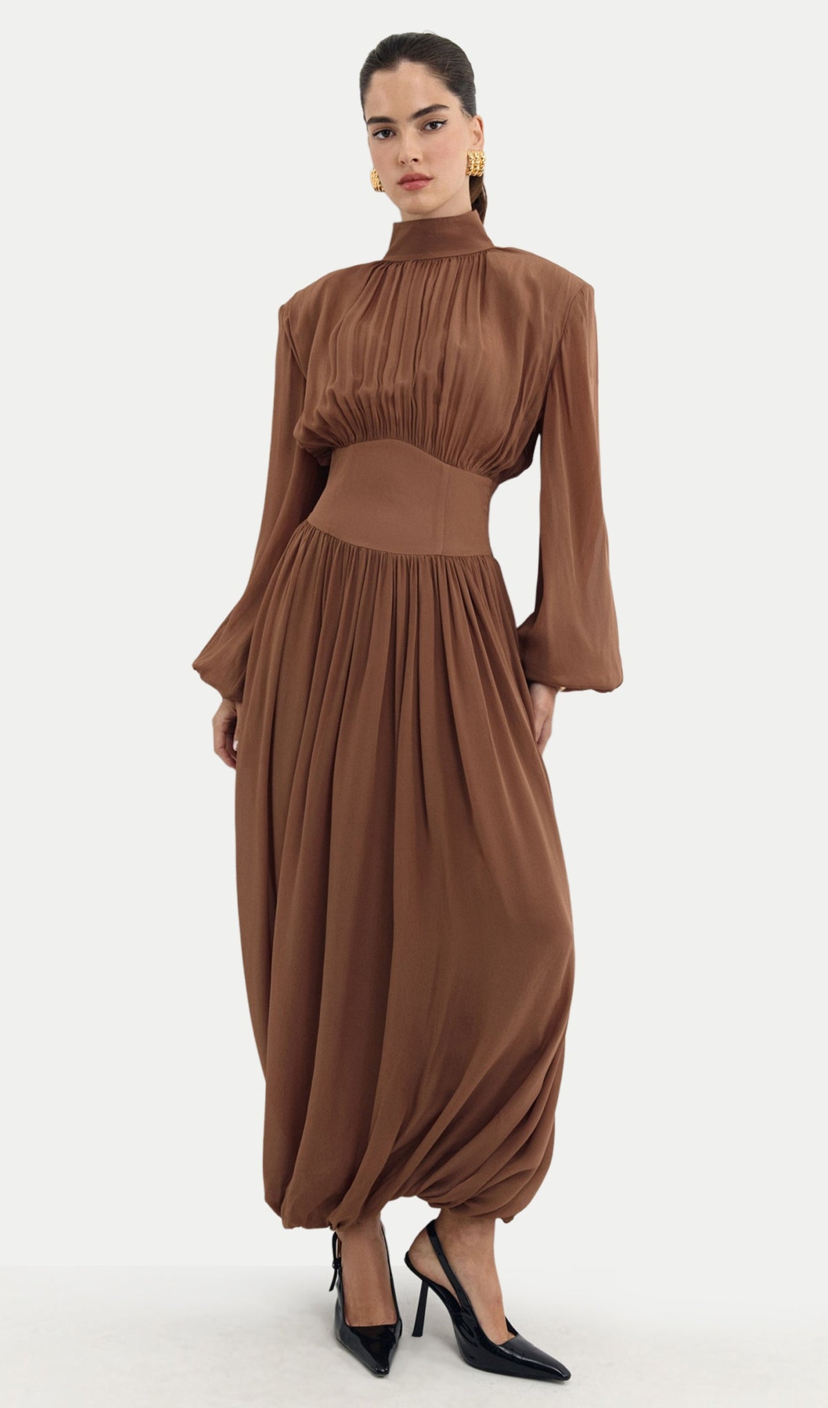 Long Sleeve Chiffon Midi Dress With Gathered