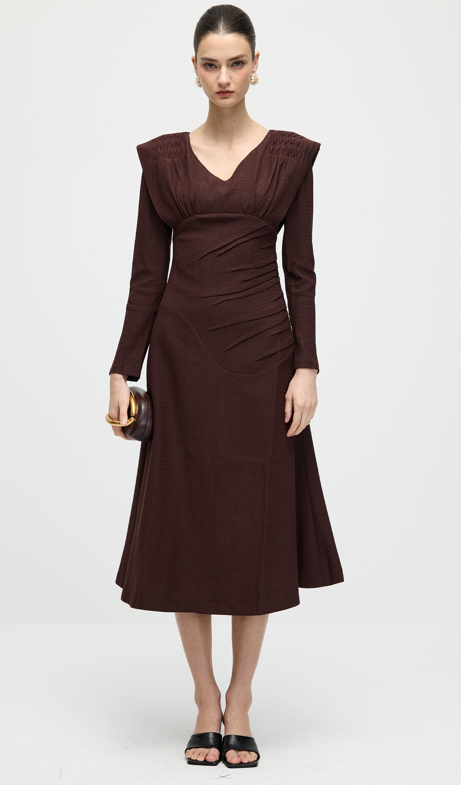 Long Sleeve Smocking Shoulder Midi Dress In Coffee