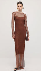 Mesh With Monochrome Lining  Maxi Dress In Coffee