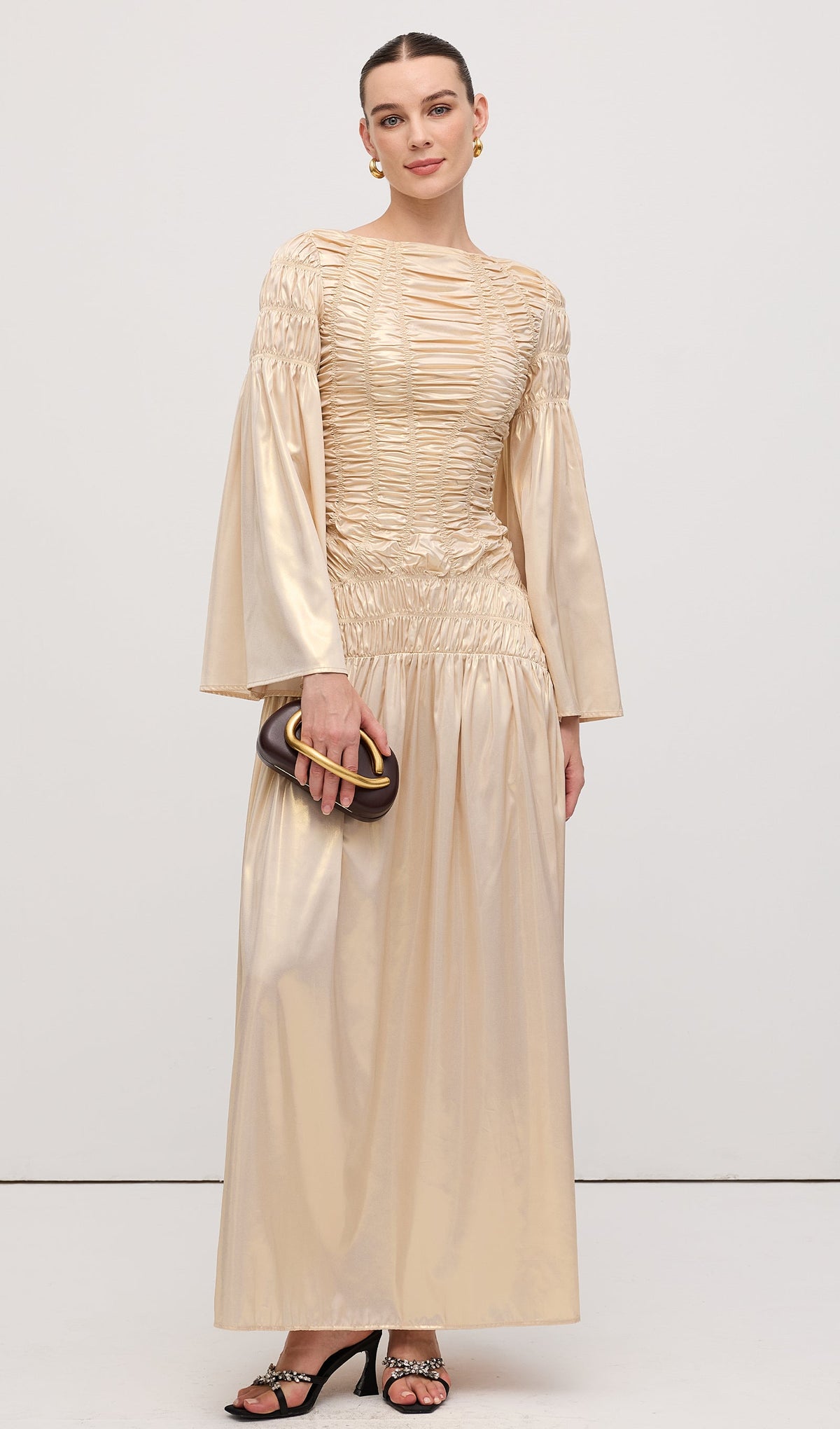 Metallic Elasticated Gathers Maxi Dress In Solid