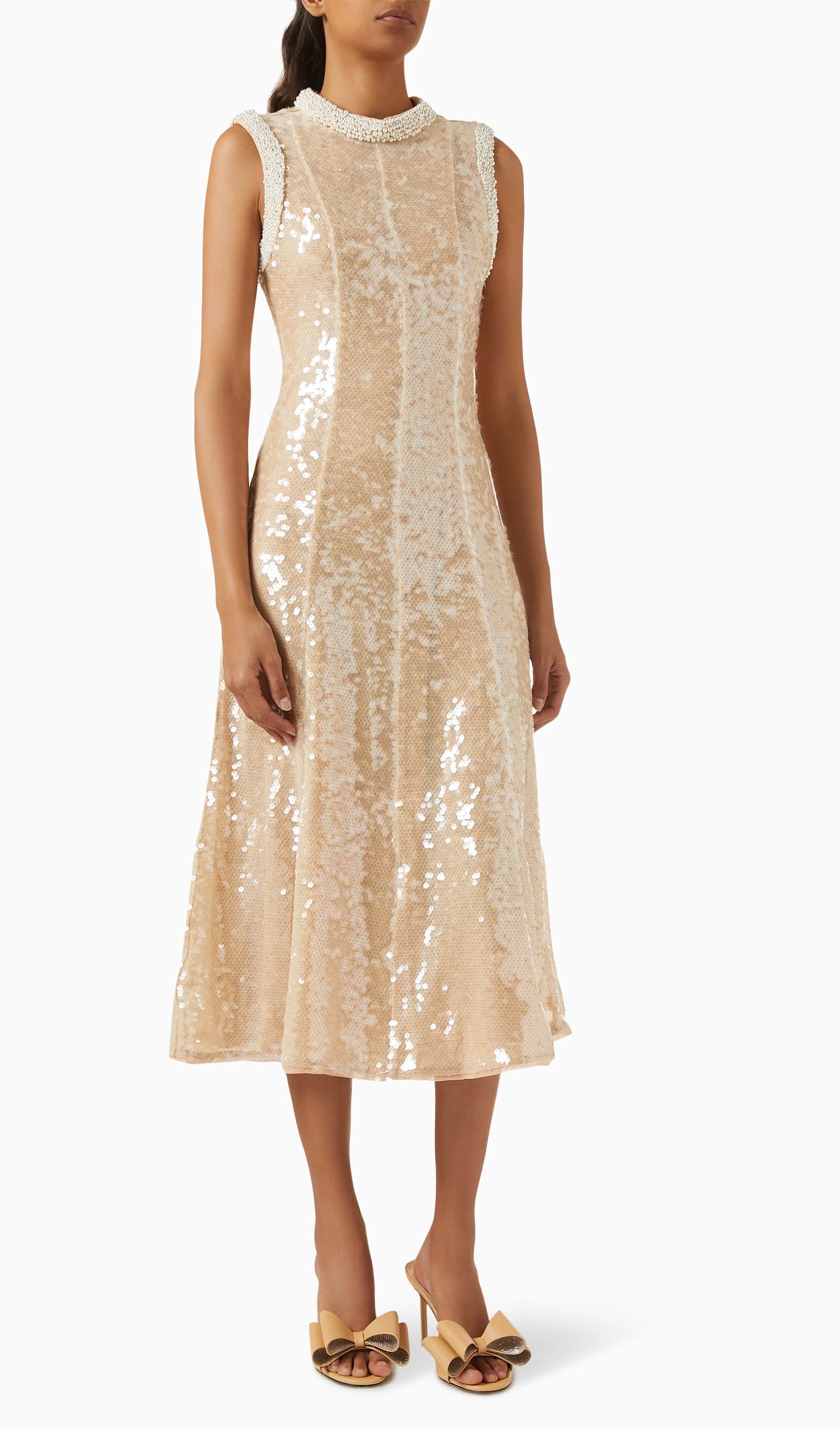 Sequin Embellished Pearl Trim Midi Dress