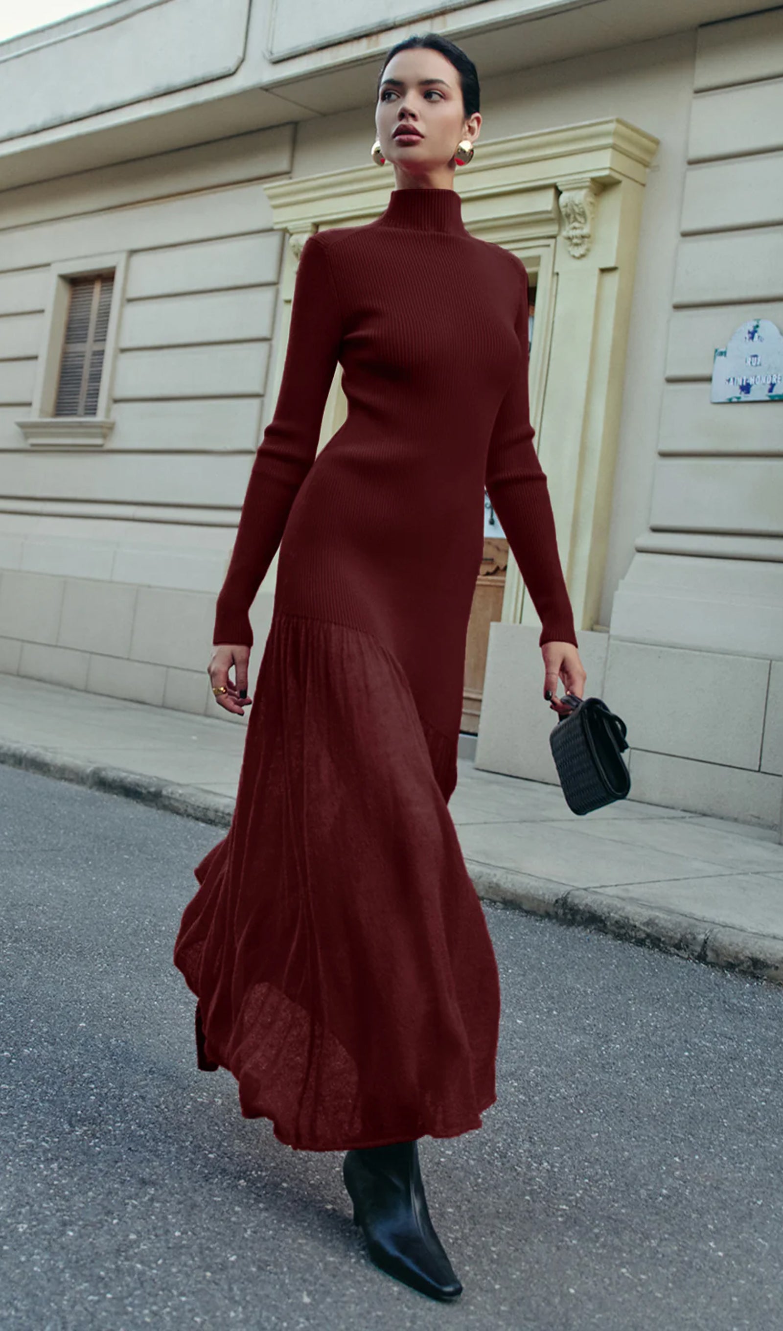 Mock Neck Pleated Panel Sweater Dress In Red Brown