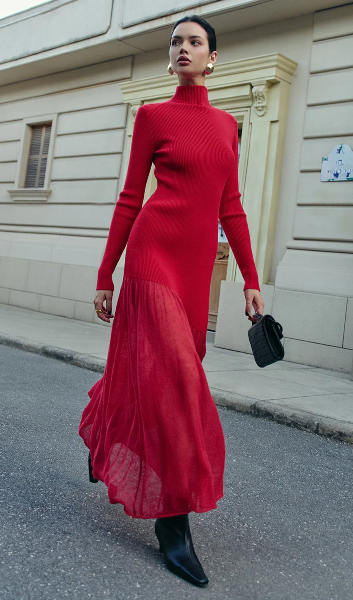 Mock Neck Pleated Panel Sweater Dress