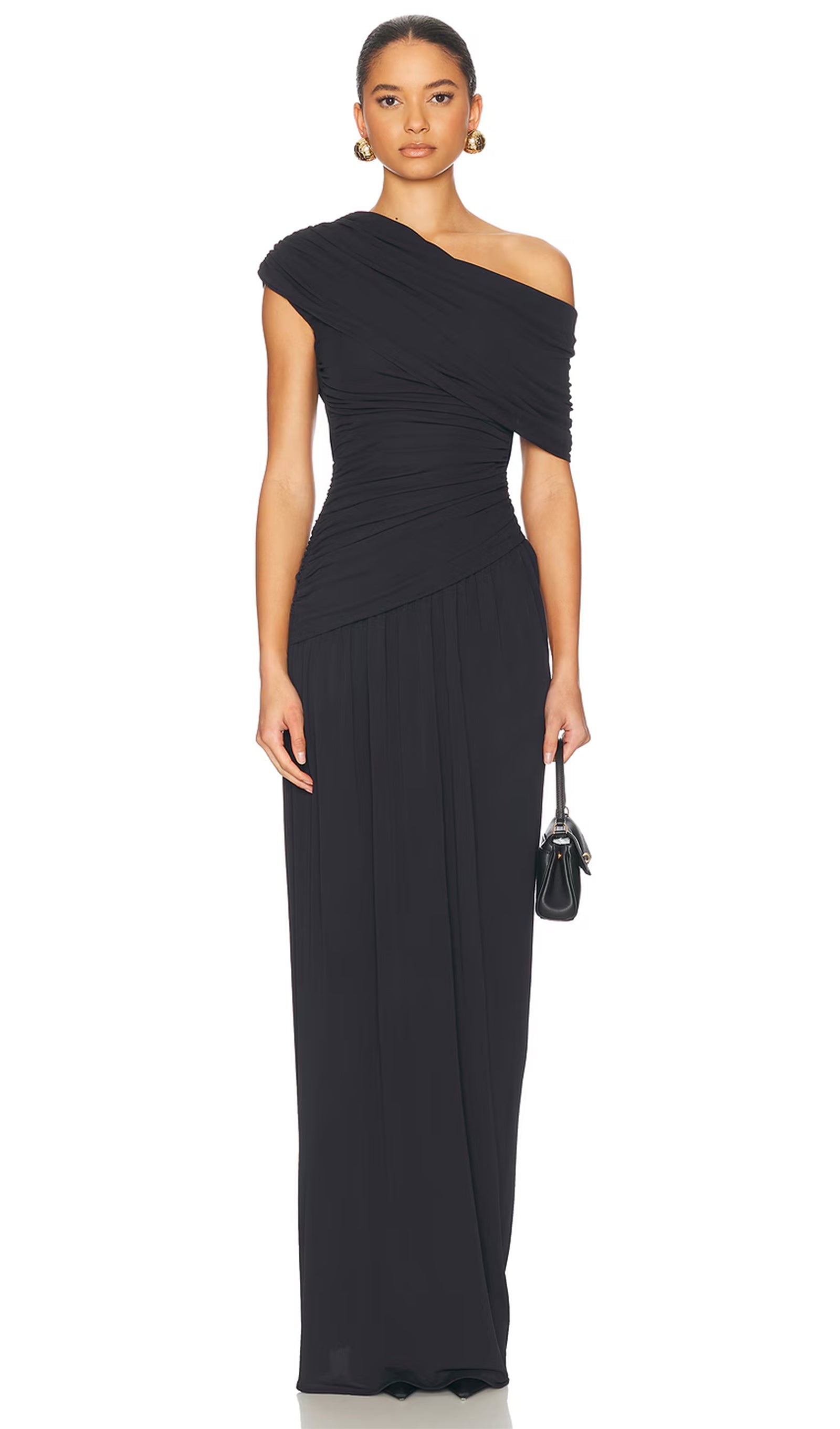 Off Shoulder Pleated Maxi Dress In Black