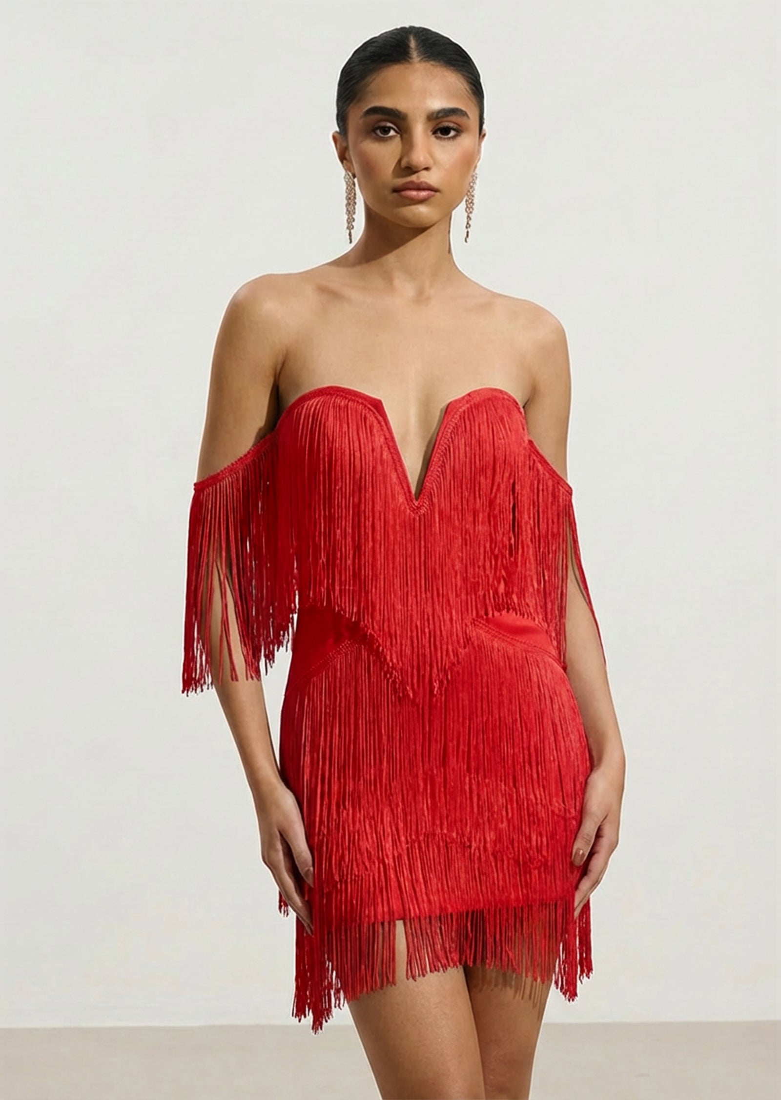 Off Shoulder Fringe Trim Mini Dress